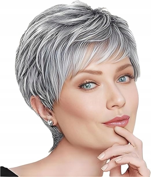 Dámská Syntetická Paruka Krátká Šedá S Tmavými Odrosty, Délka 25 CM