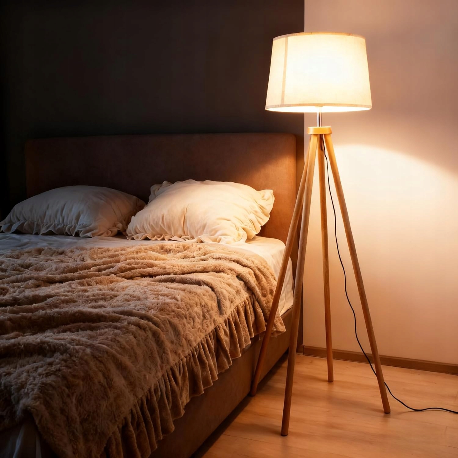 Stojacia podlahová lampa Trojnožka Drevená Tienidlo Tkanina Obývacia izba E27 Cclife