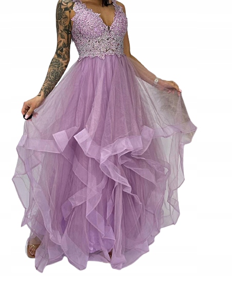 MD fialová tylová dlouhá šaty s volánem maxi Xs