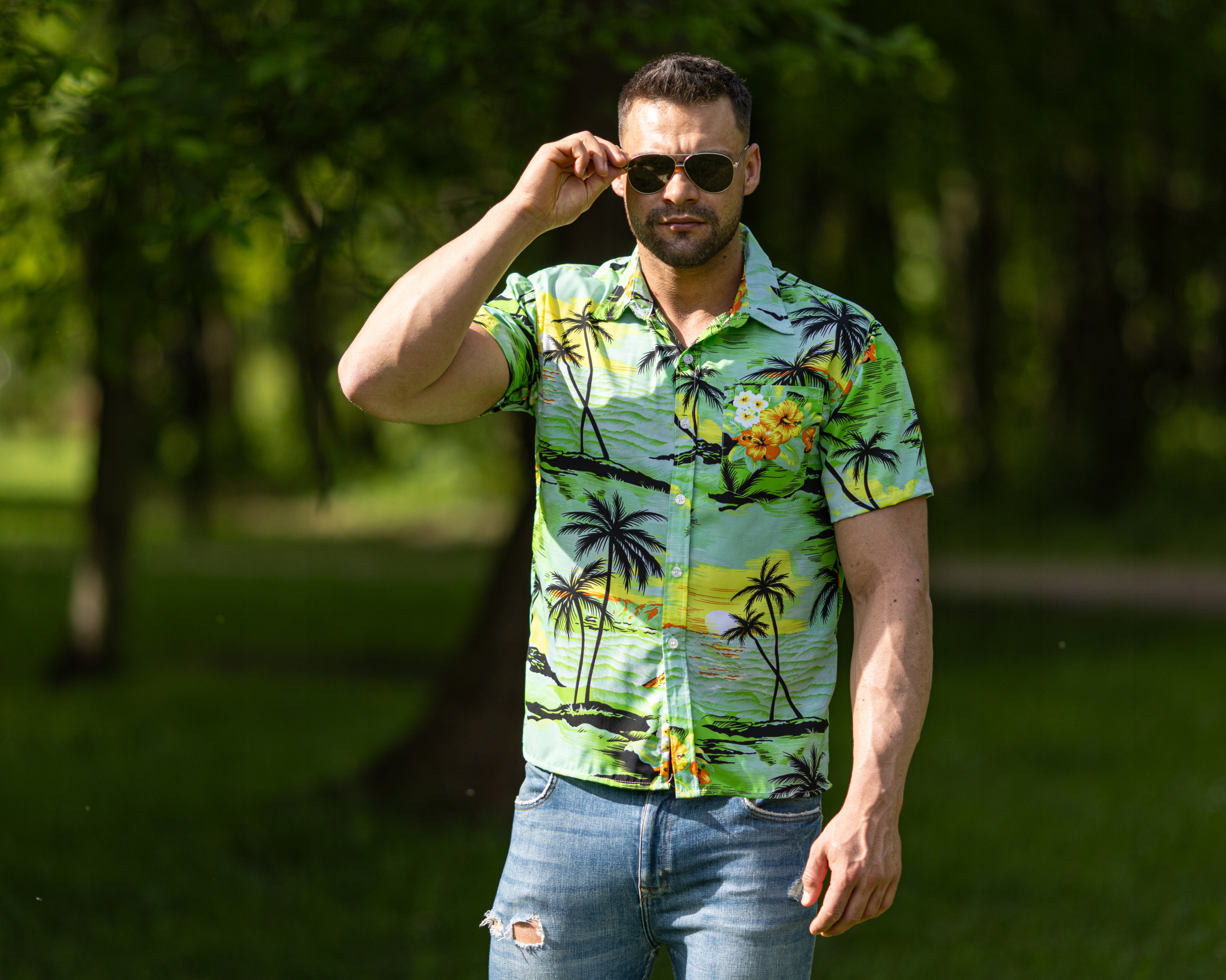 KOSZULA MĘSKA HAWAJSKA W PALMY KWIATY PLAŻA MORZE C1 ZIELONA - L Marka inna