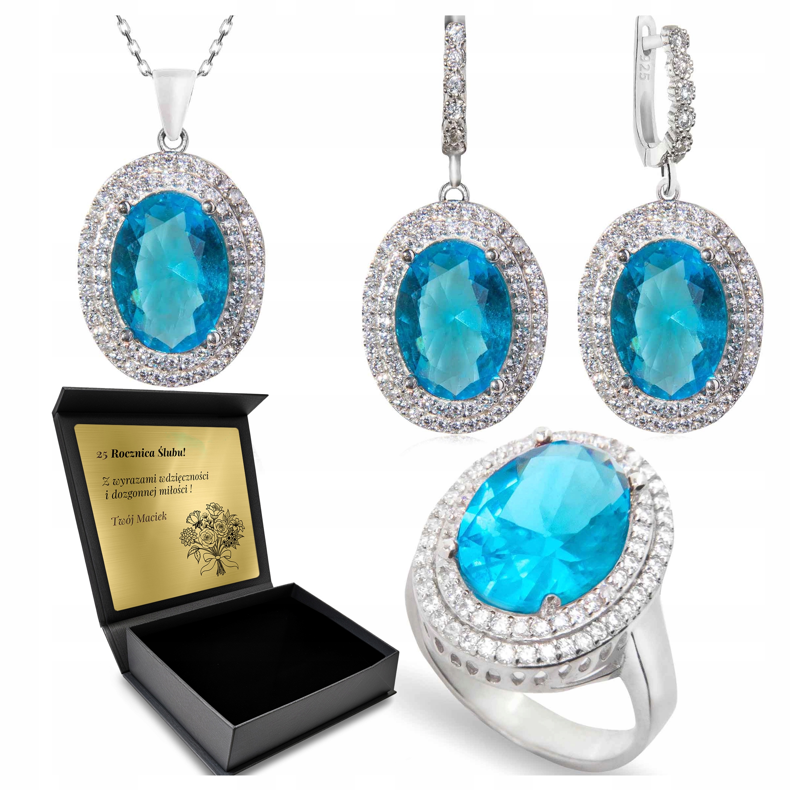 Sada Stříbrných Šperků 925 S Zirkony A Topazem Pro Ženu Gravírování