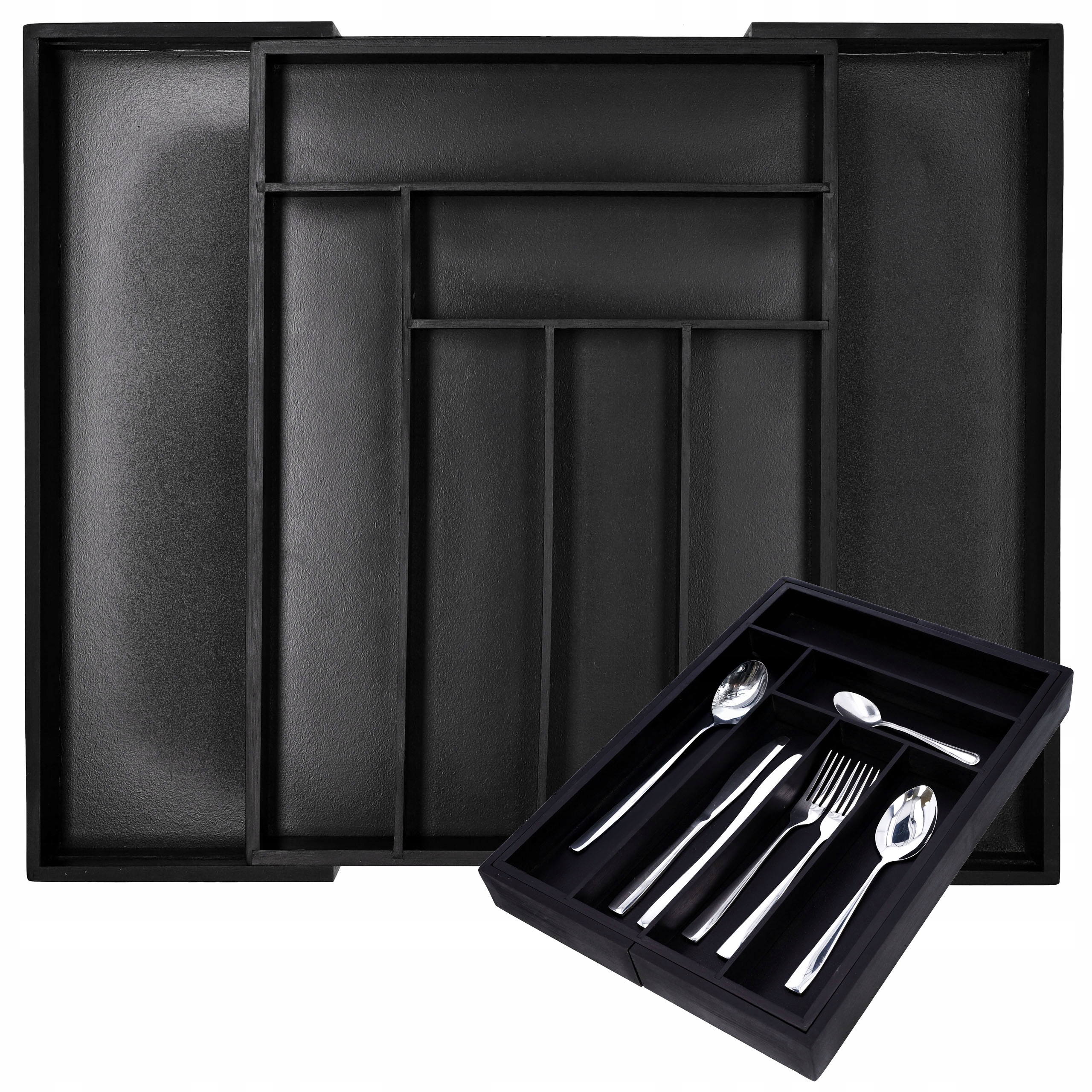 Organizer na sztućce bambusowy czarny wkład do szuflady rozsuwany 52x43cm