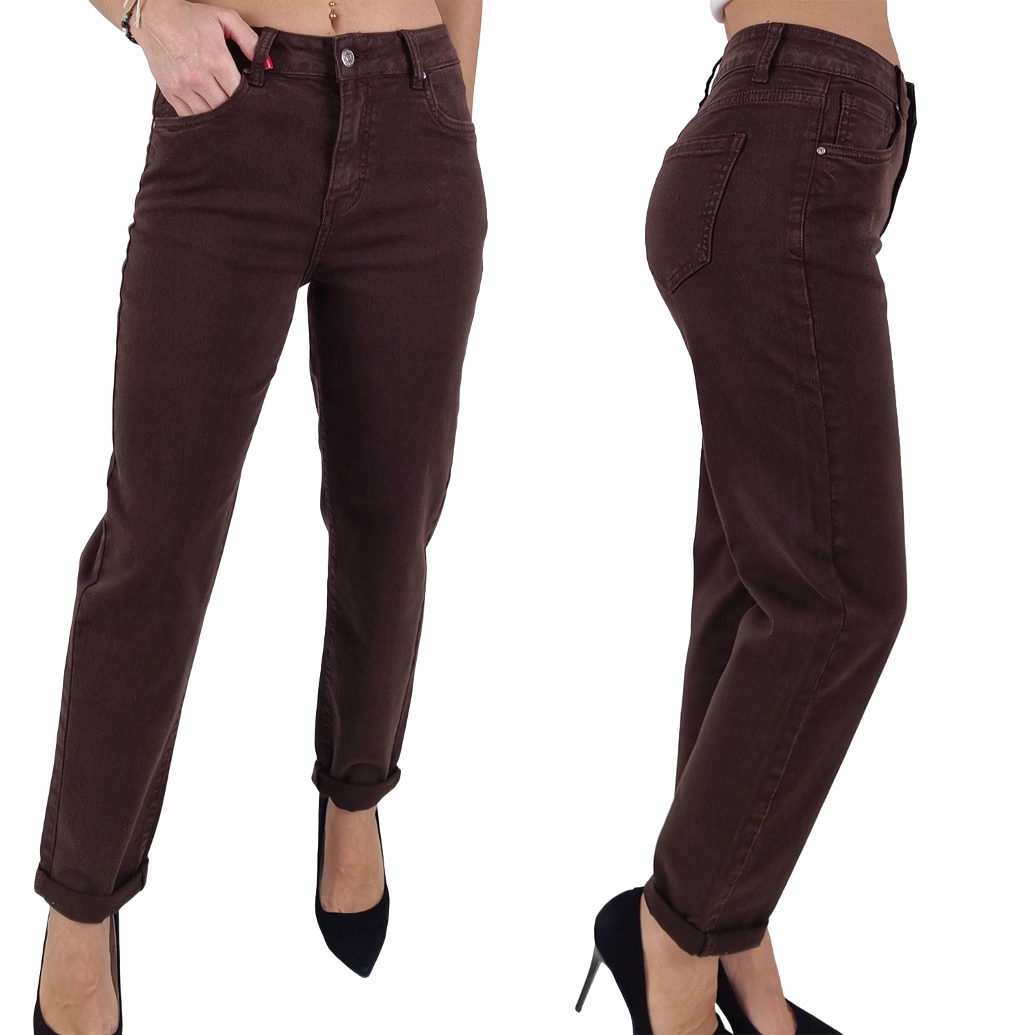 Dámské Džíny S Vysokým Pasem Střih Mom Fit Hnědé Čokoládové 44/XXL