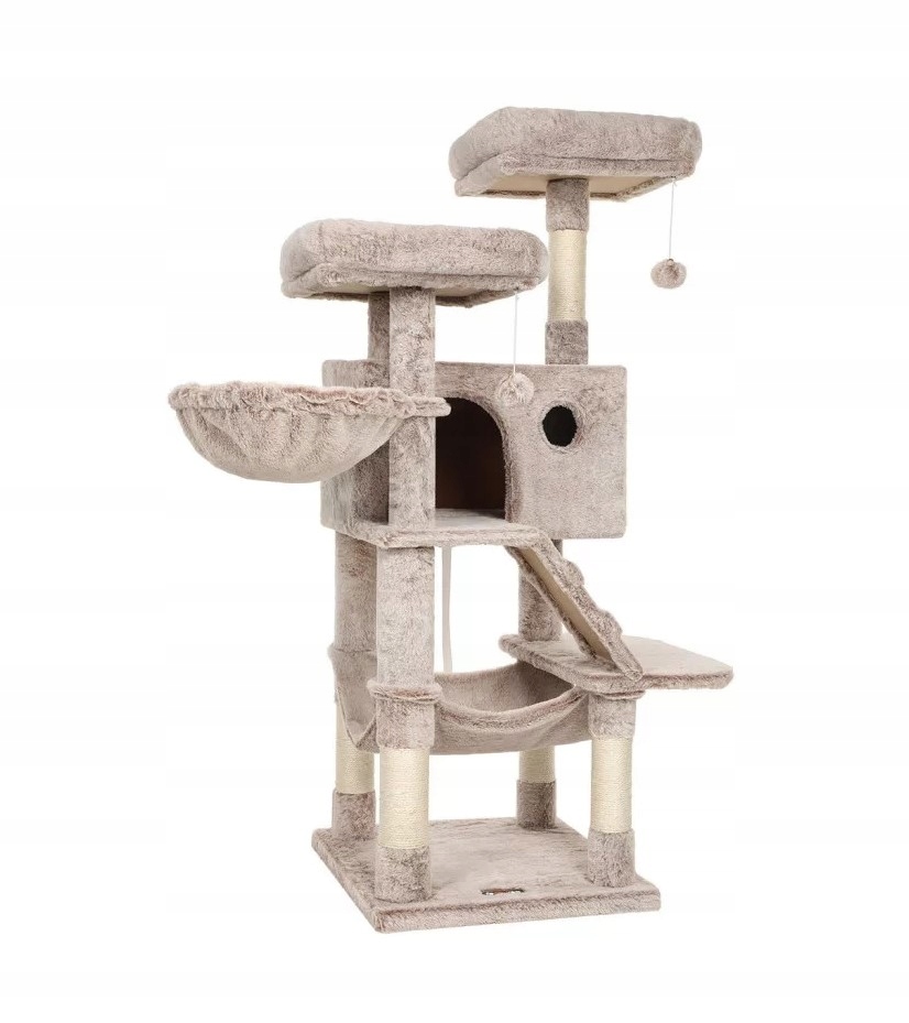 Levně Víceúrovňový škrabák Pro Kočky 135 cm Pelíšek Houpací síť Domeček Věž Šedá/Hnědá