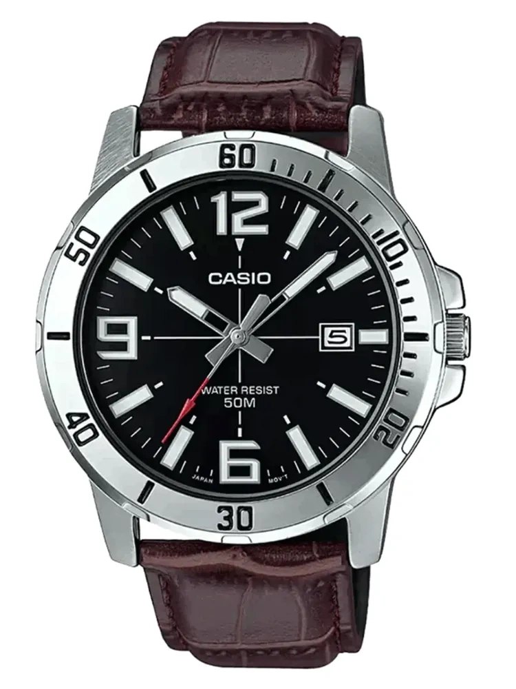 Zegarek Męski Casio MTP-VD01L-1BV Srebrny Czarna Tarcza Brązowy Pasek Box