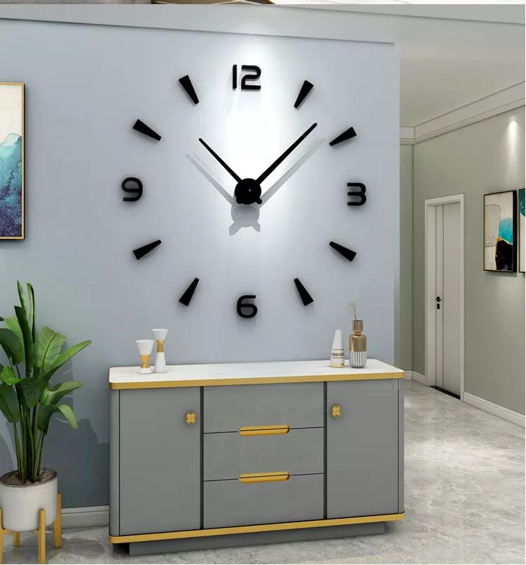 ZEGAR ŚCIENNY DUŻY DIY NAKLEJANY NA ŚCIANĘ 3D CICHY LUSTRZANY CZARNY 65-130 Tarcza analogowa