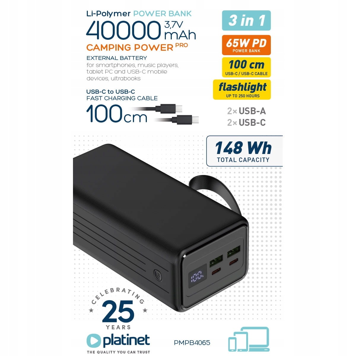 Powerbanka 40000 mAh 65W PowerDelivery Svítilna Kabel 1m Usb-c