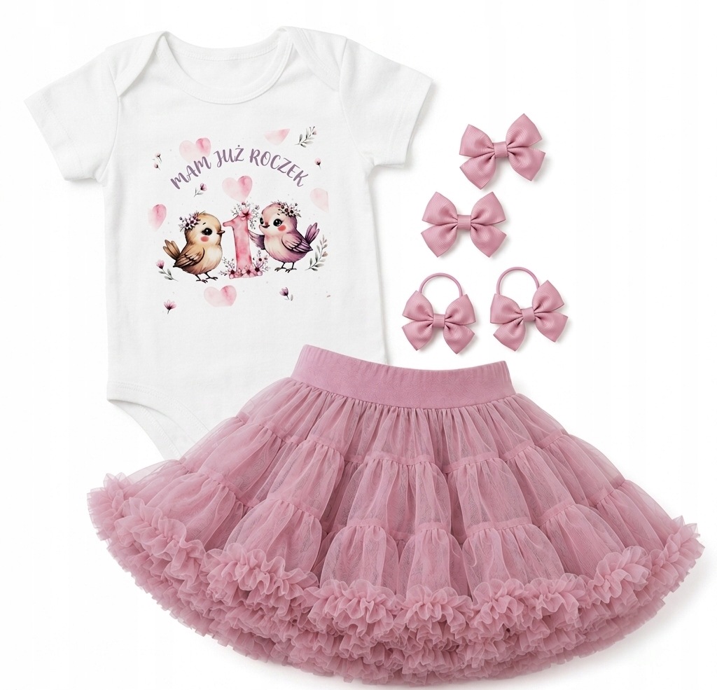 Komplet Roczek 80 urodziny body spódniczka gumeczki spinki Zestaw