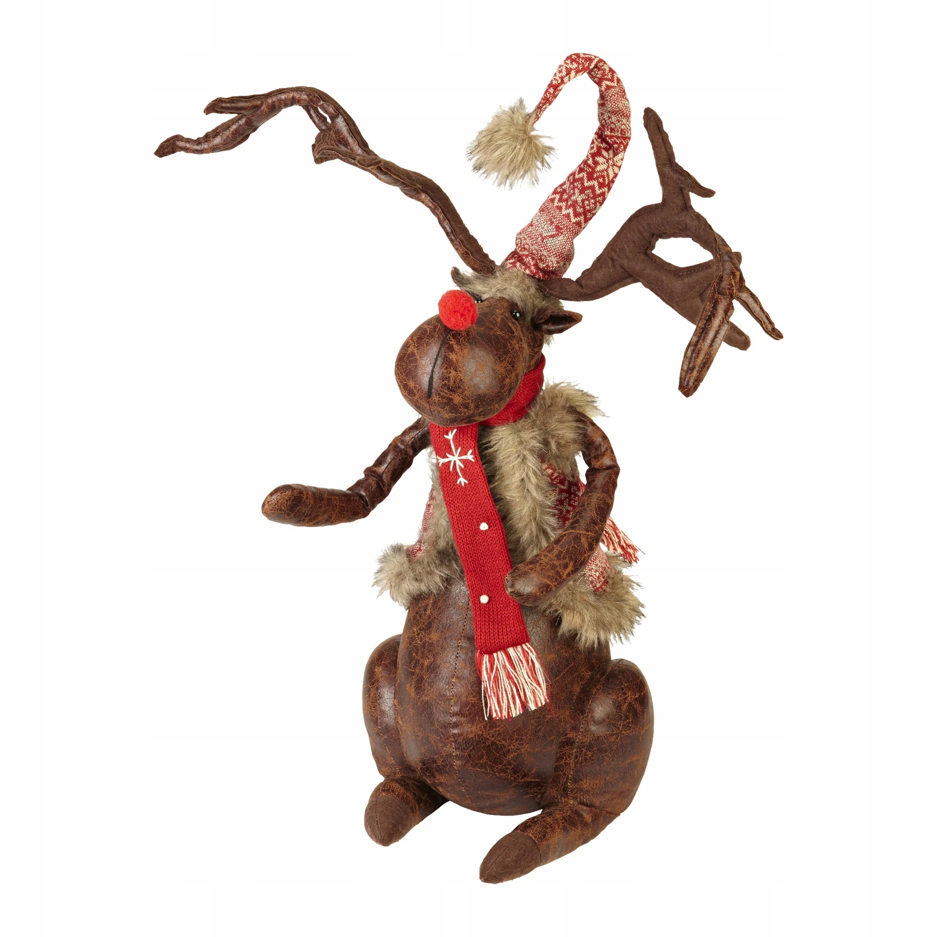 Sedící Sob 50 cm vánoční ozdoba s bundou, šálou a čepicí Santu