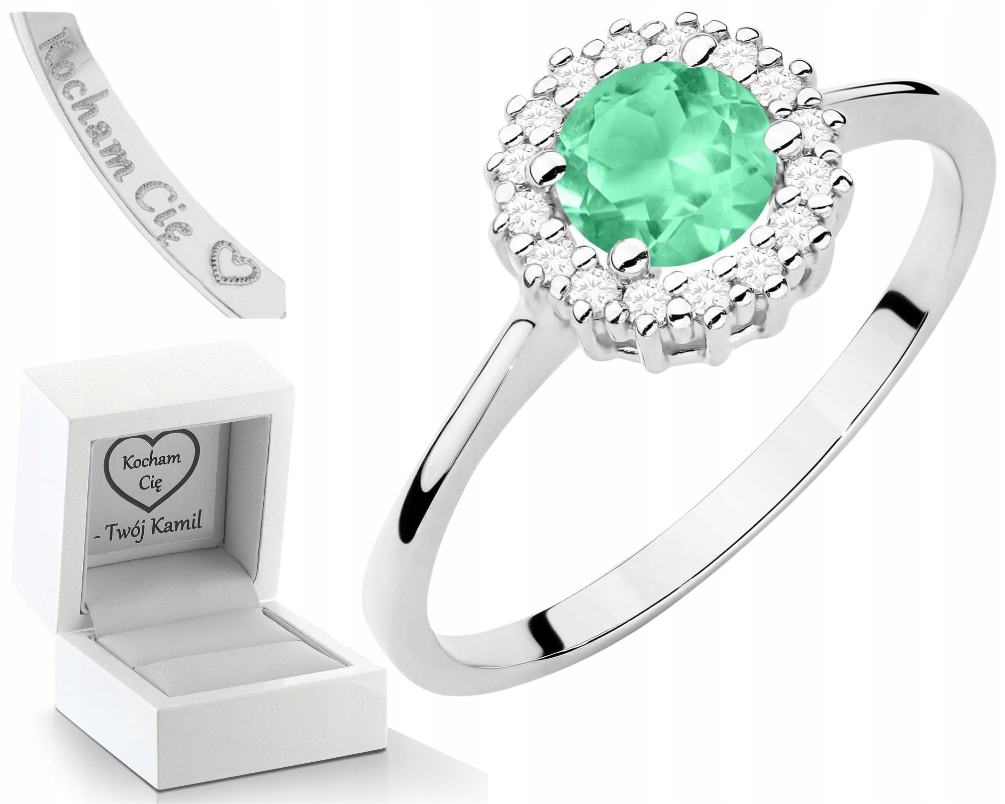 Bílý Zlatý Prstýnek Smaragd Diamanty, Gravírování Bonus , Dárek 585