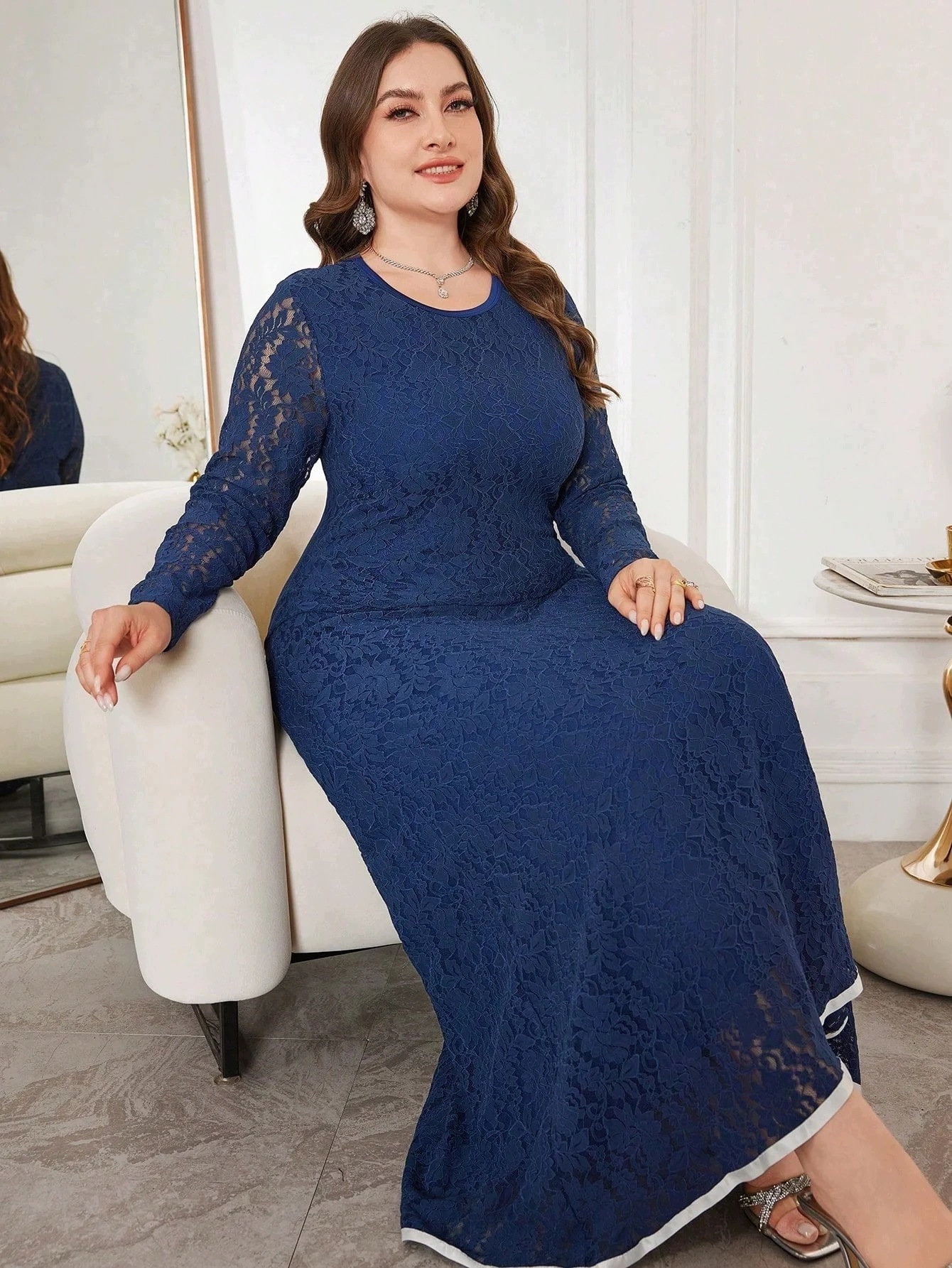 Šaty Krajkové Tmavě Modré Maxi Koktejlové Elegantní Shein XL 42