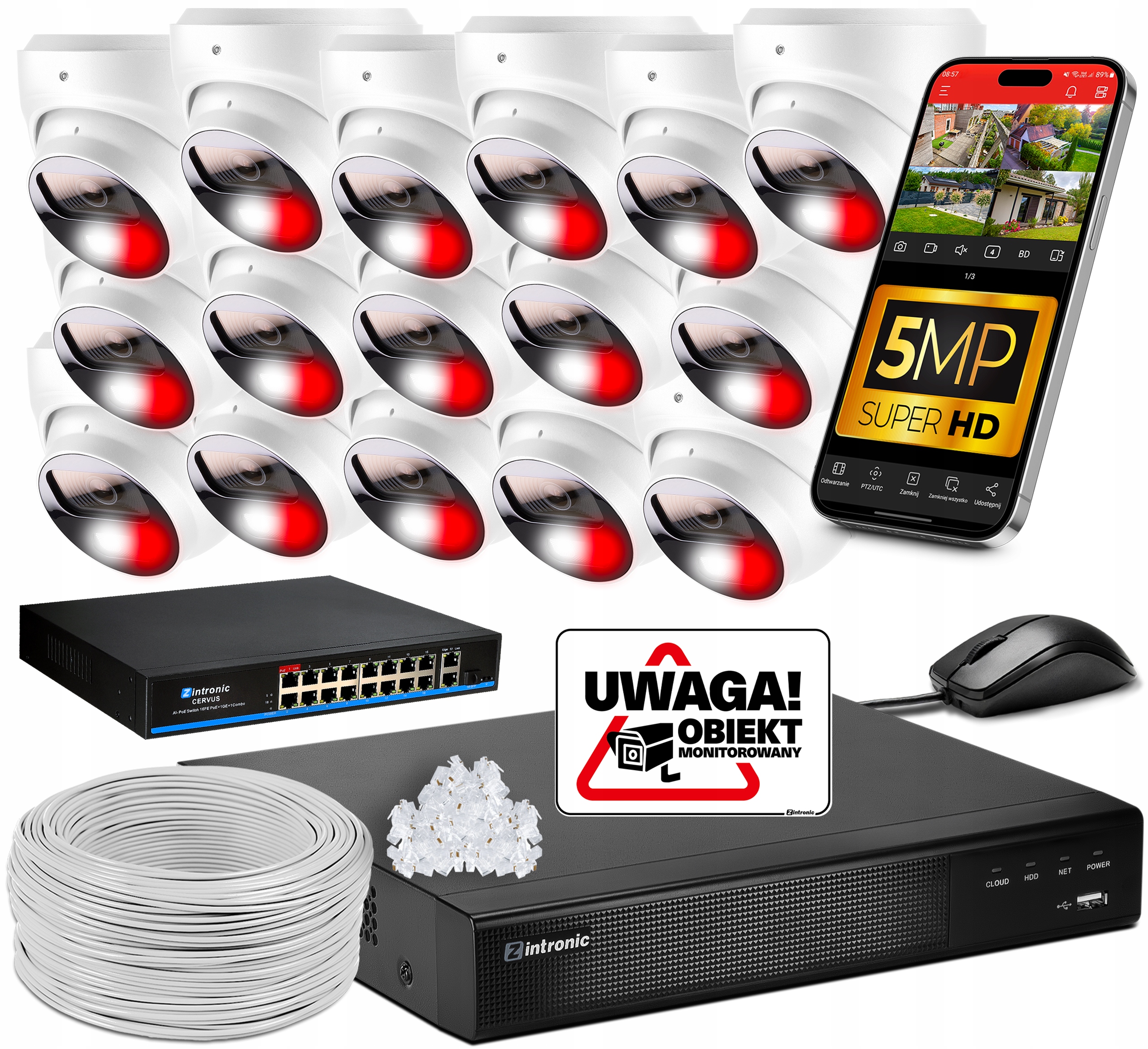 Sada Ip PoE Monitoringu 16 Kamer 5MPx Audio Detekce Switch Bez Disku