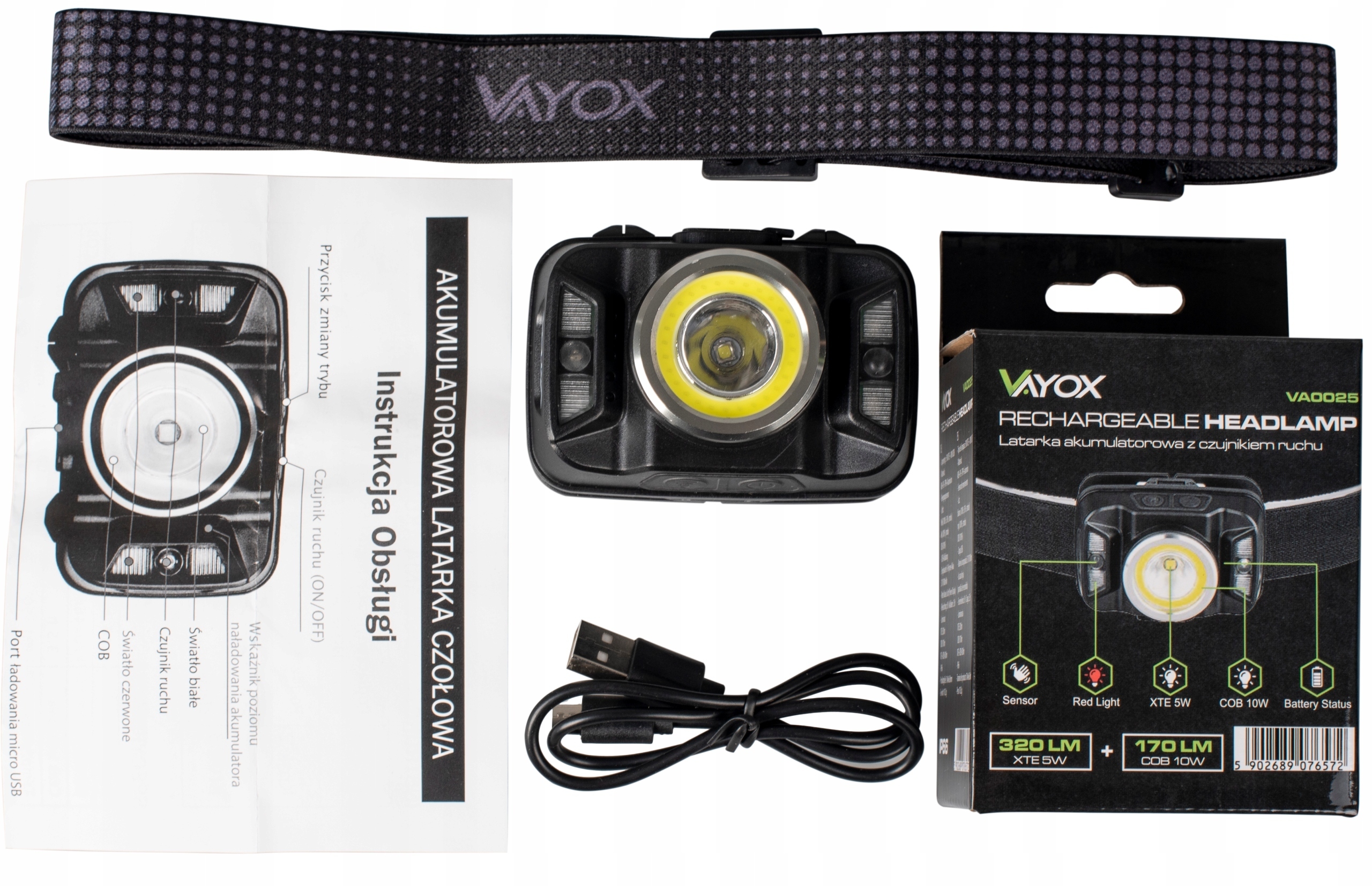 LATARKA CZOŁOWA CZOŁÓWKA LAMPA LED AKUMULATOR CZUJNIK IP66 USB C PRO VAYOX Liczba trybów 6