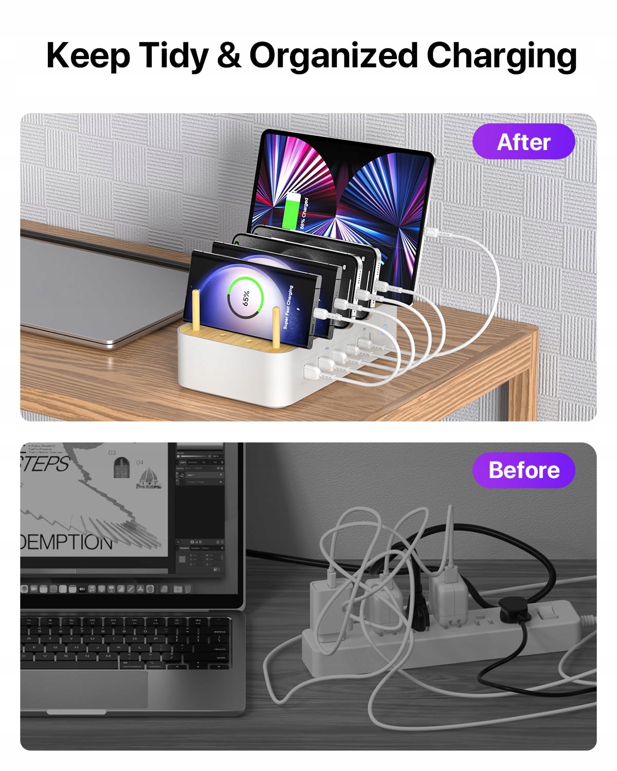 VISIONSYNC Stacja Ładowania USB C 60W 6 Portów Z Bambusa Biała — miniatura 7
