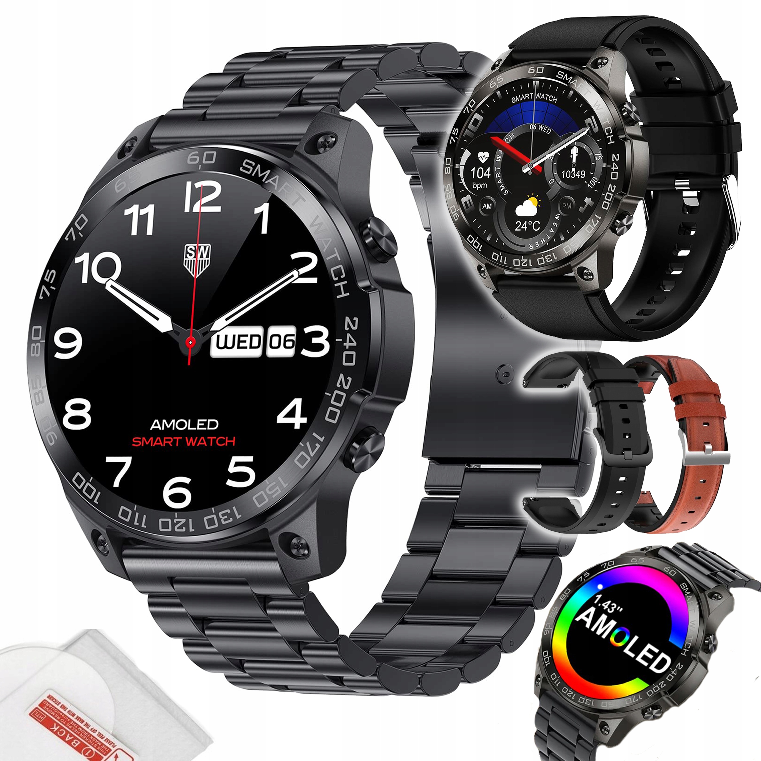 CZARNY SMARTWATCH ZEGAREK MĘSKI AMOLED SPORT PULS ROZMOWY SMART WATCH PL