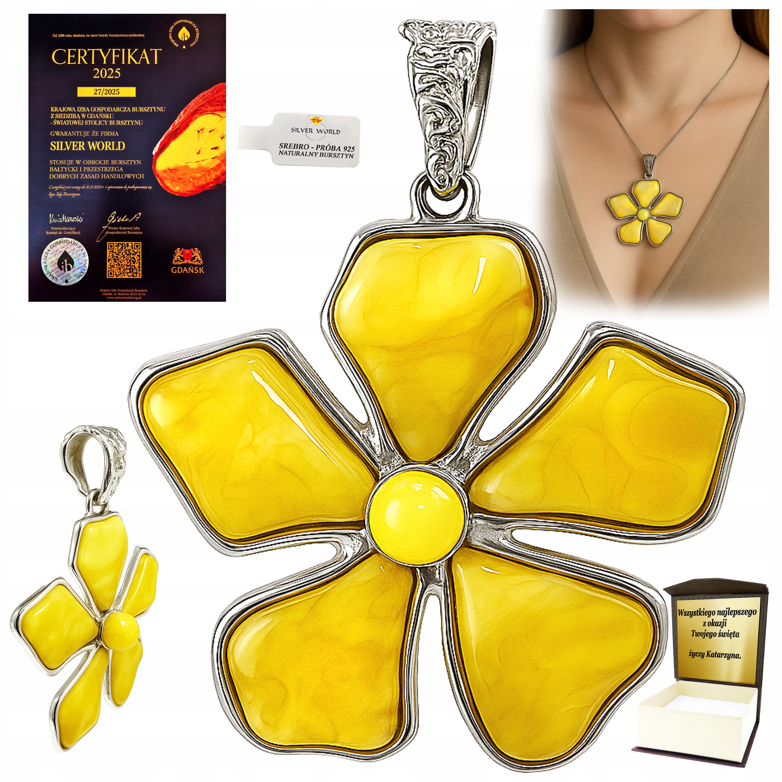 Stříbrný Přívěsek S Velkým Jantarovým Květinovým Náhrdelníkem Jako Dárek Gravírování WB17