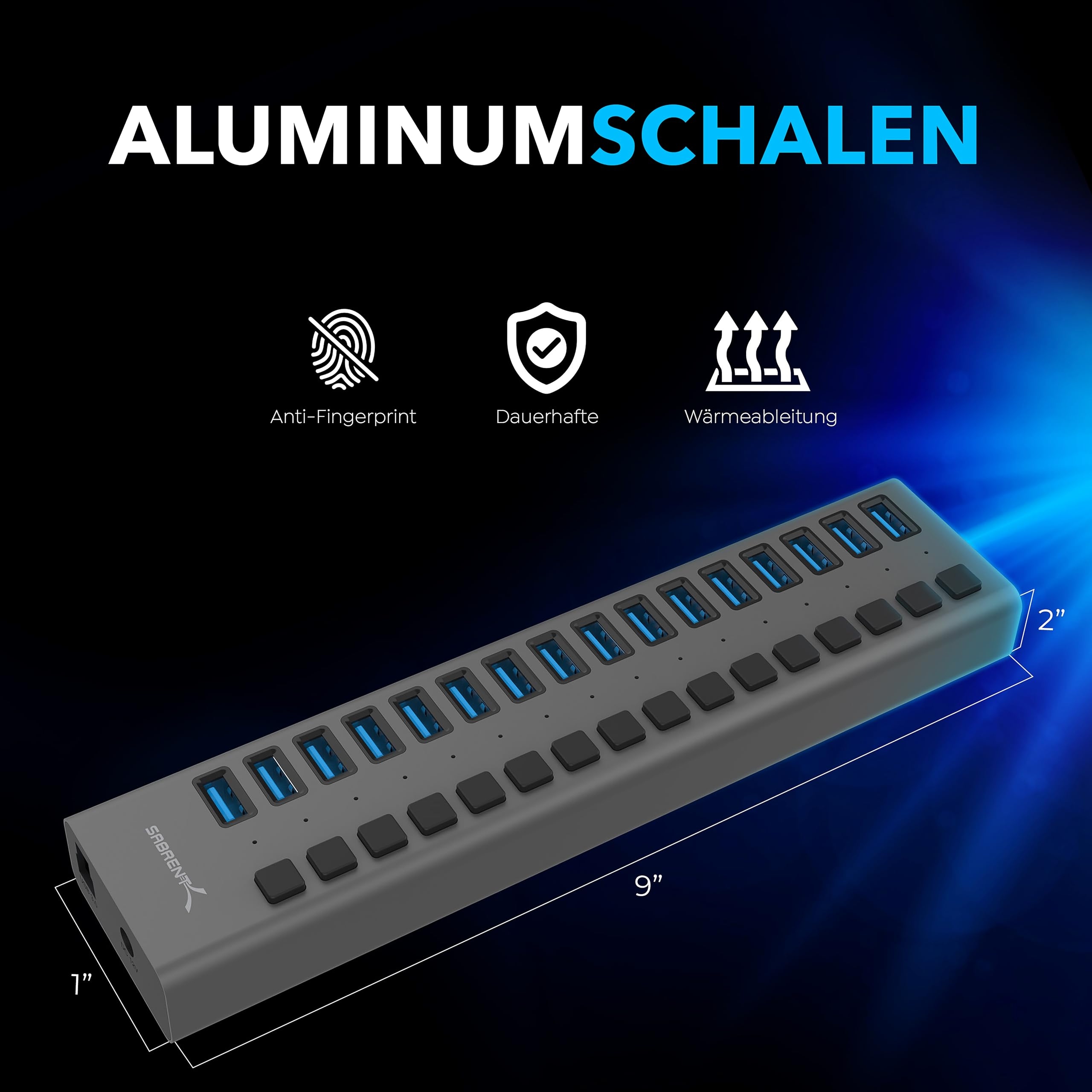 SABRENT 2w1 Ładowarka USB i Hub 90W Stacja Ładowania USB Hub z Włącznikiem — miniatura 5