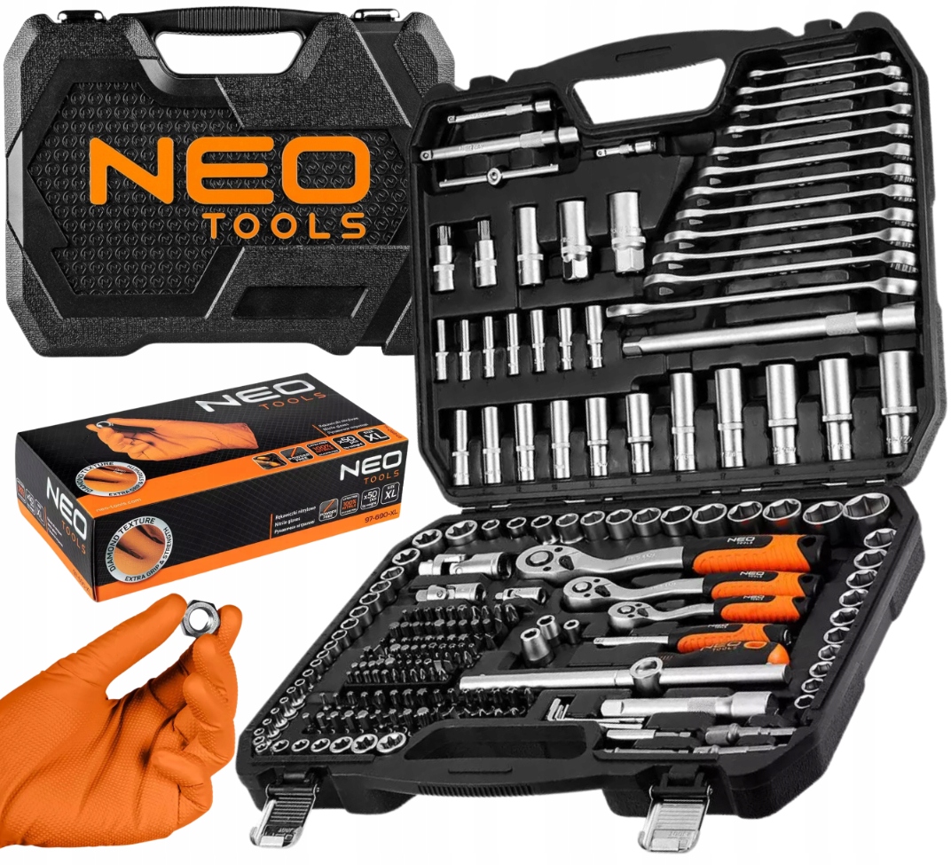 Neo Sada nástrčných kľúčov 220 ks 1/2" 3/8" 1/4" +50x Nitrilové rukavice