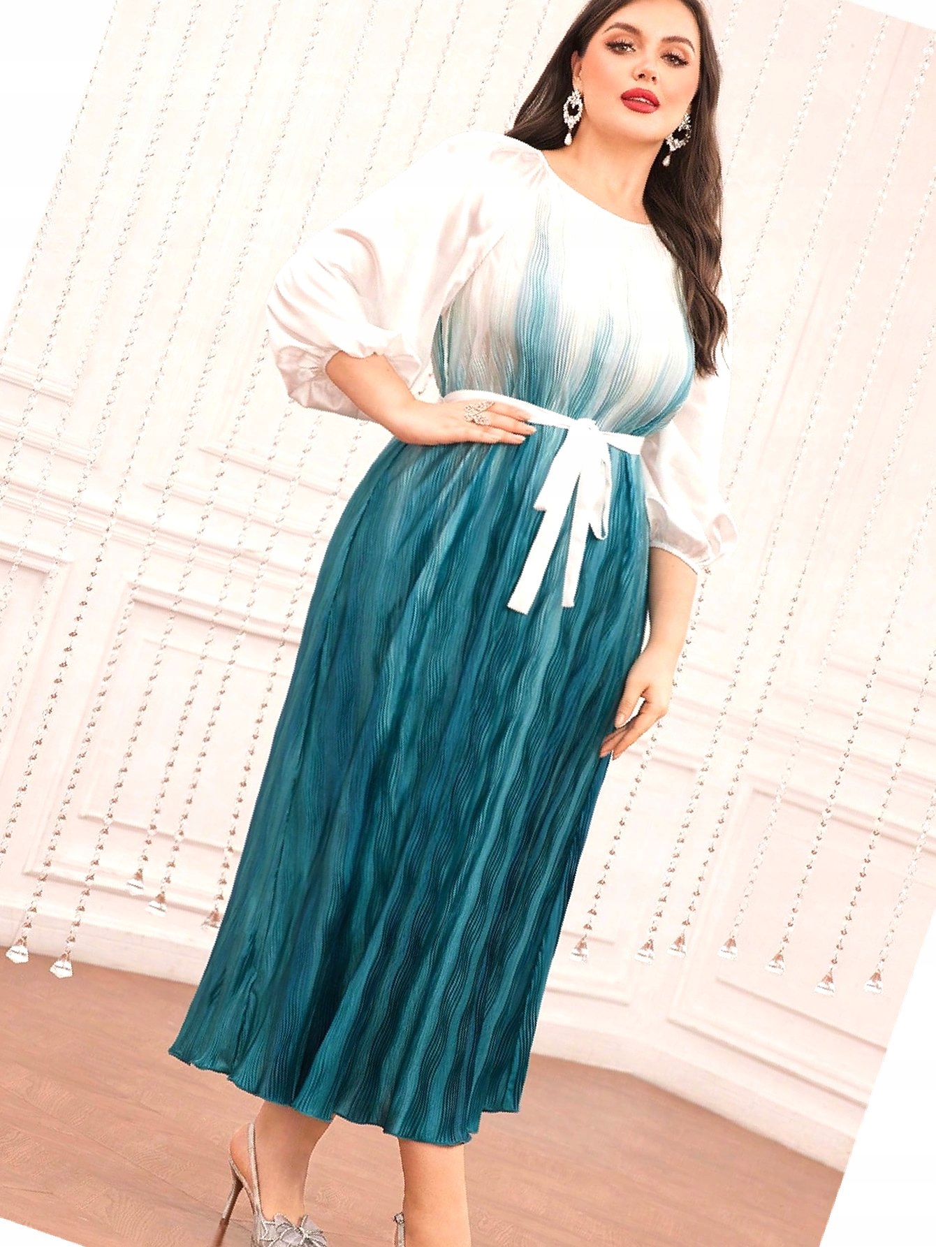 Šaty Ombre Maxi Bufiaste Rukávy Plisovaná Večerní XXL 44