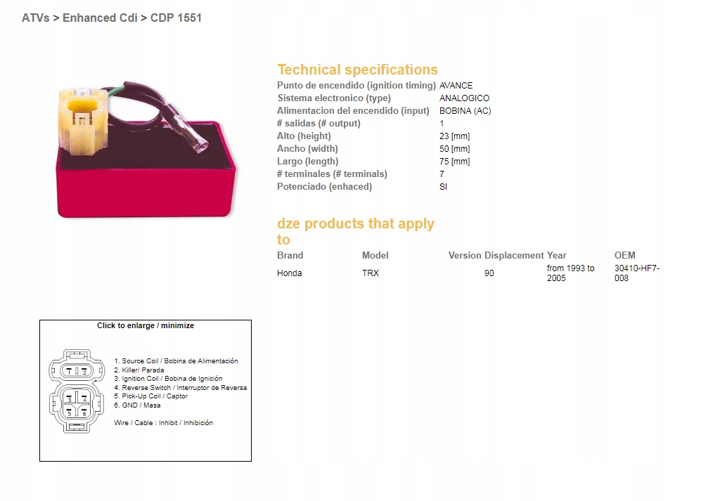 DZE MODUL ZAPLONU CDI HONDA TRX 90 93 05 Part number 1551 01