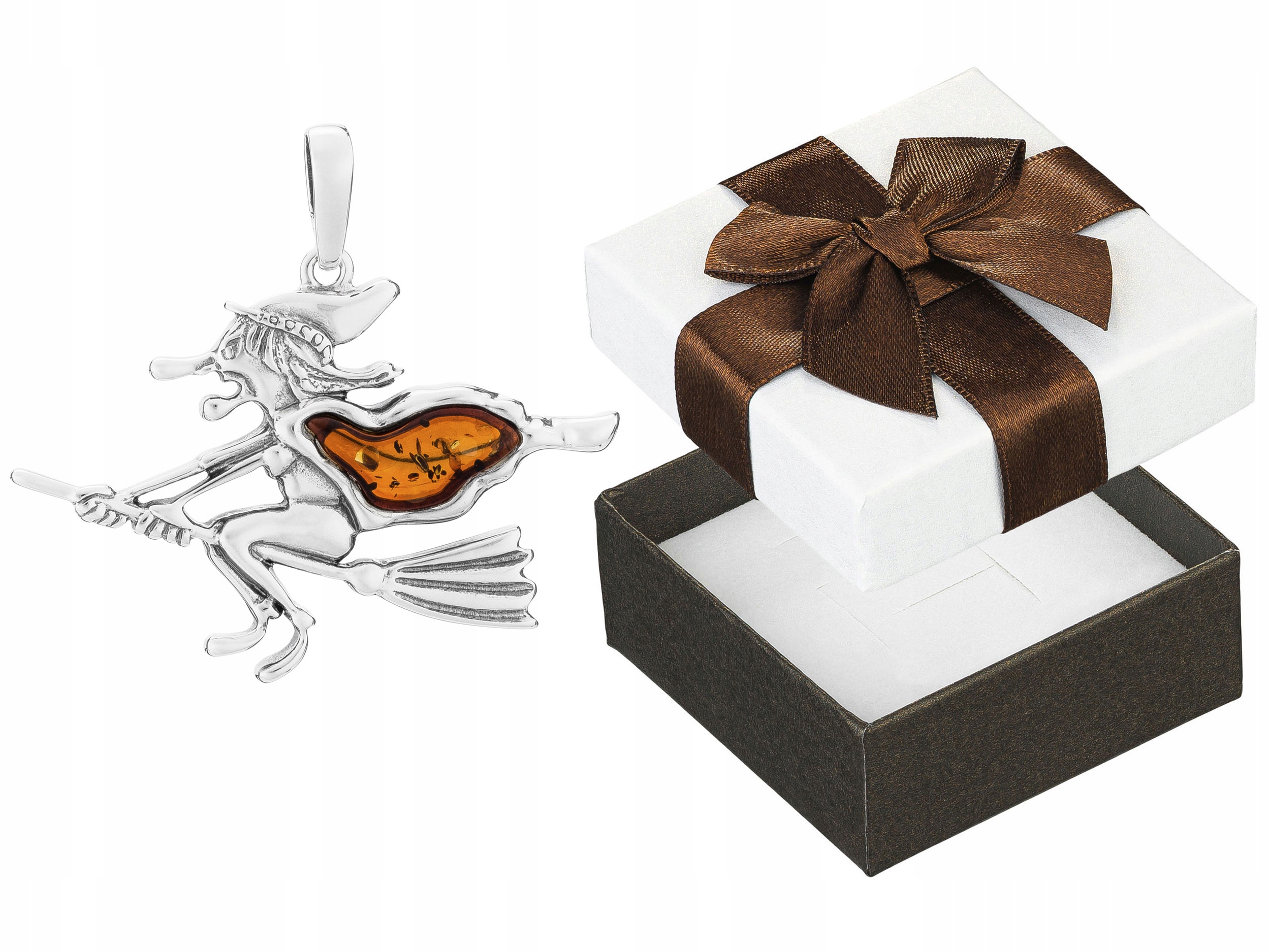 Stříbrný přívěsek Čarodějnice s jantarem Oxidovaný Stříbrný Přívěsek 925