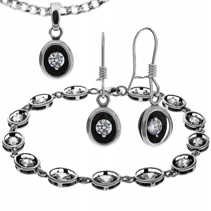 Stříbrný Oválný, Oxidovaný Elegantní Komplet 925