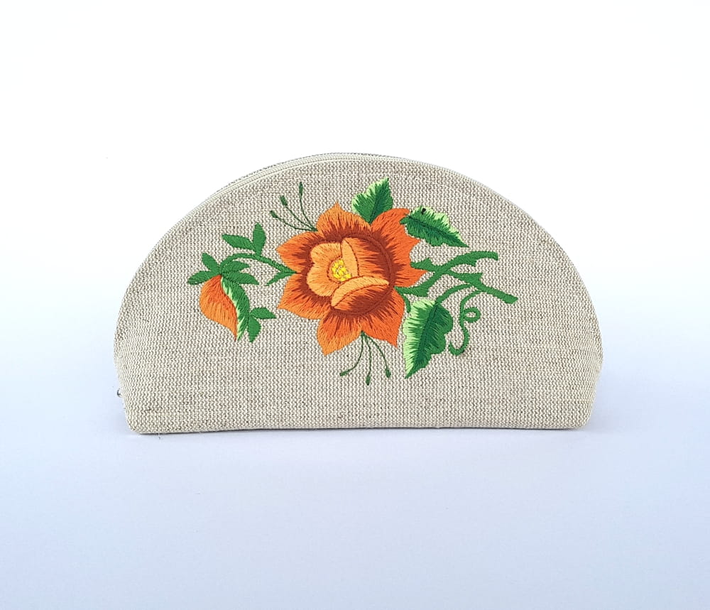 Lněná Kosmetická Taška Folk Rybářská Výšivka Oranžová Růže Ruční Práce