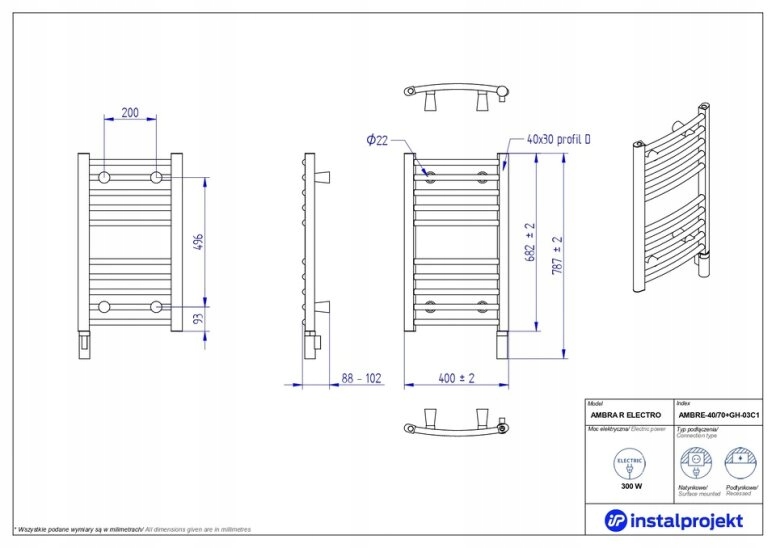 INSTAL PROJEKT AMBRA grzejnik elektryczny, 40x70cm Marka Instal Projekt