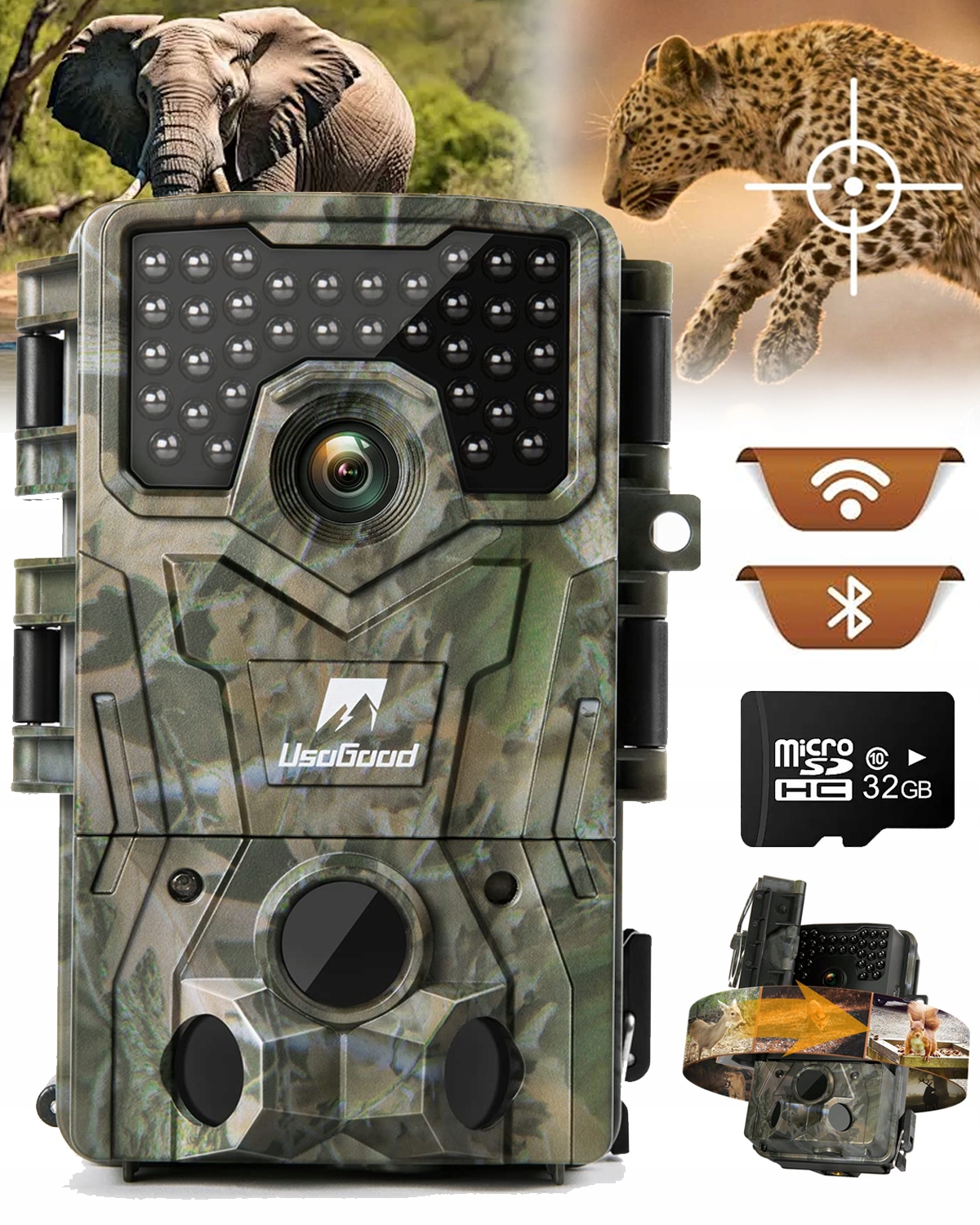 USOGOOD TC30 PUŁAPKA 4K KAMERA LEŚNA Z PIR CZUJNIK RUCHU Z KARTA SD 32 GB