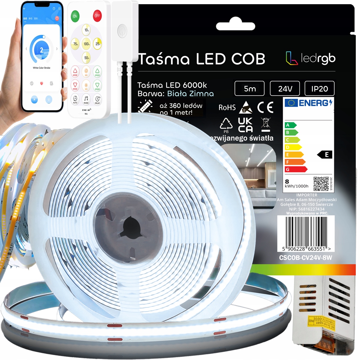 Set Led Pásek Cob 5 m 24 V Bílý Studený 6000 K Digitální Tekutá Dálkový Ovladač Aplikace