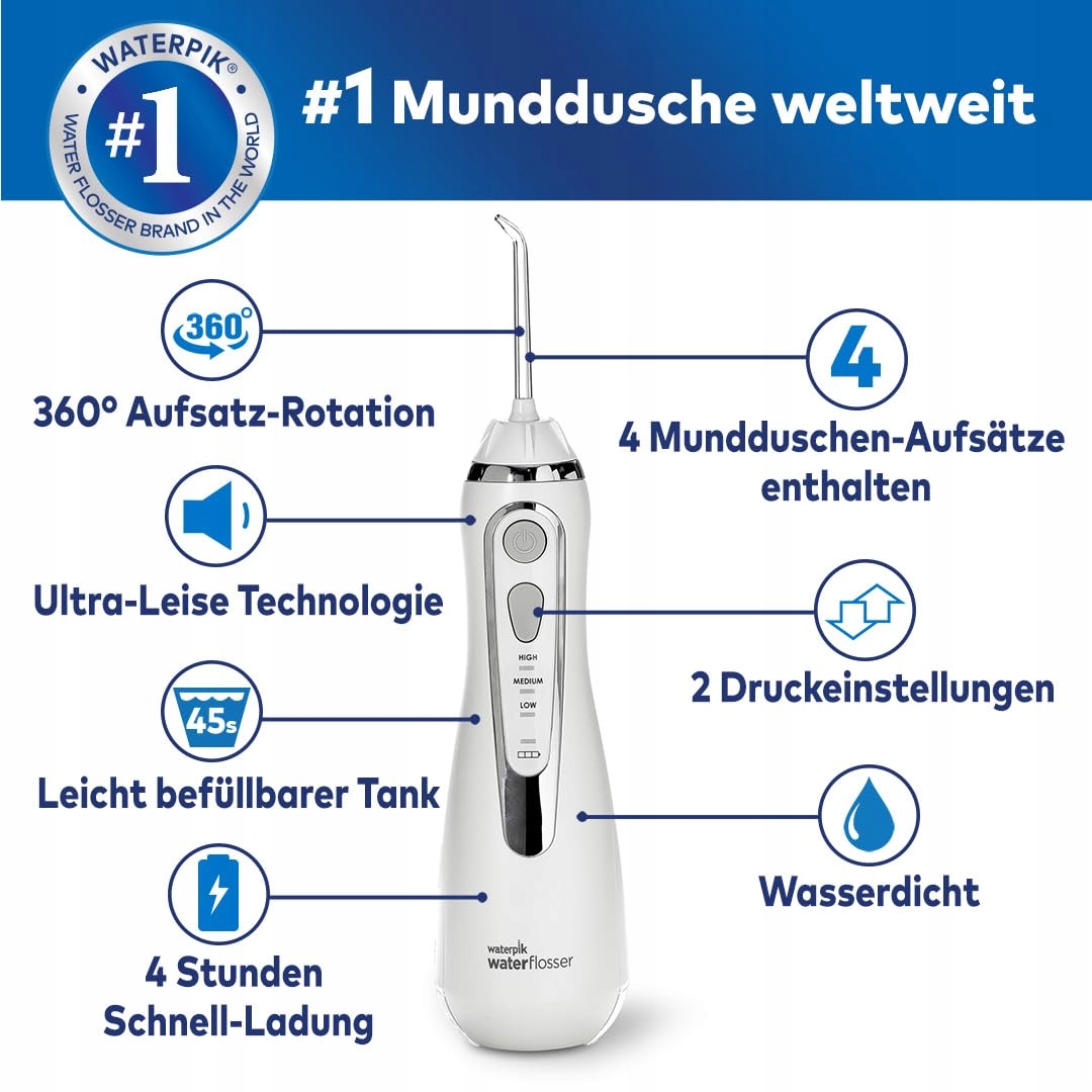 WATERPIK Bezprzewodowy Irygator Do Zębów 4 Końcówki 3 Ustawienia Biały — miniatura 2