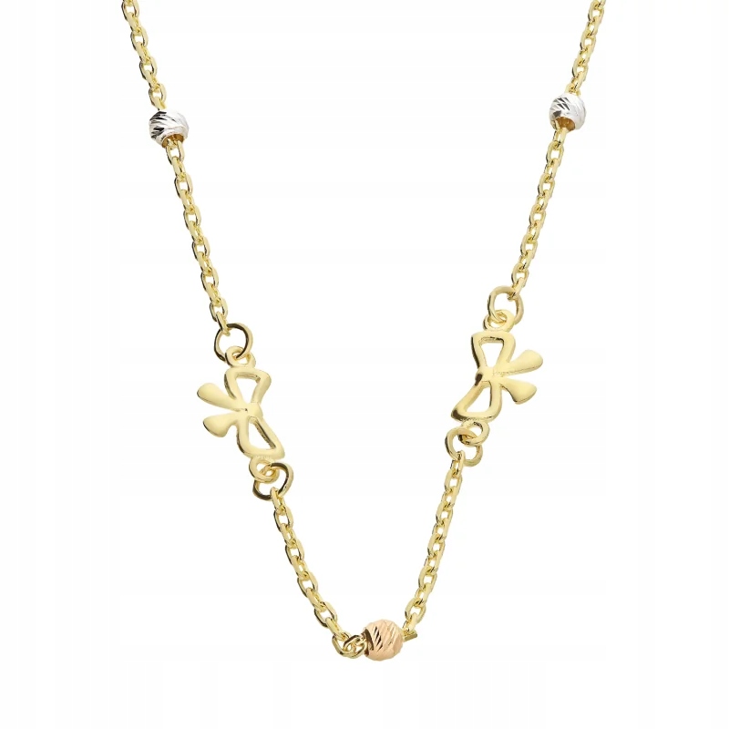 Zlatý náhrdelník 585 tříbarevný s mašličkami a gravírovanými kuličkami 1.71 g