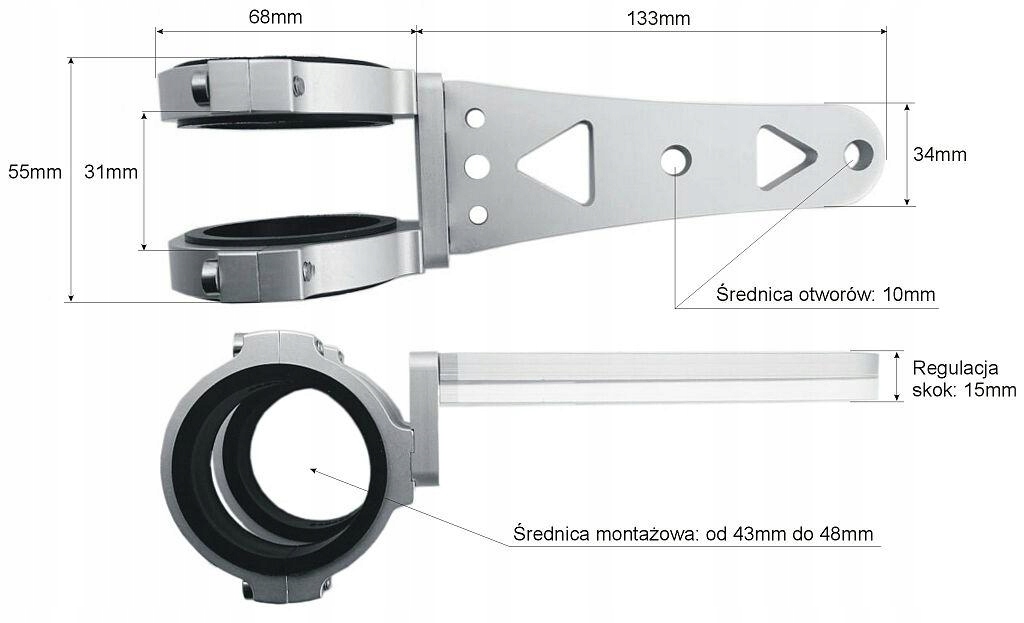 SREBRNE UCHWYTY REFLEKTORA LAMPY NA LAGI 43-48 MM Producent Motolp