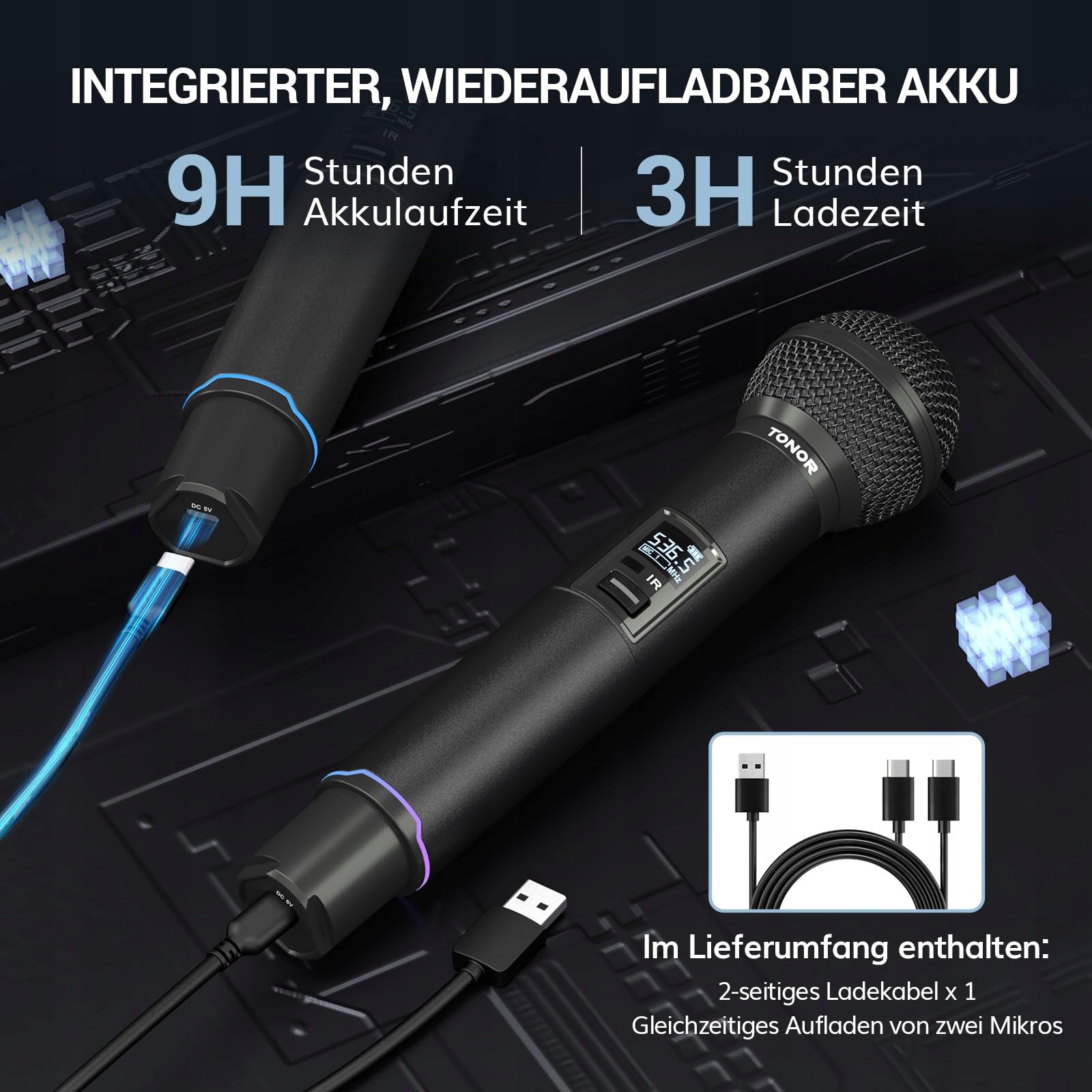 TONOR Mikrofon Bezprzewodowy UHF Zestaw 2x100 Regulowane Mikrofony Karaoke — miniatura 4