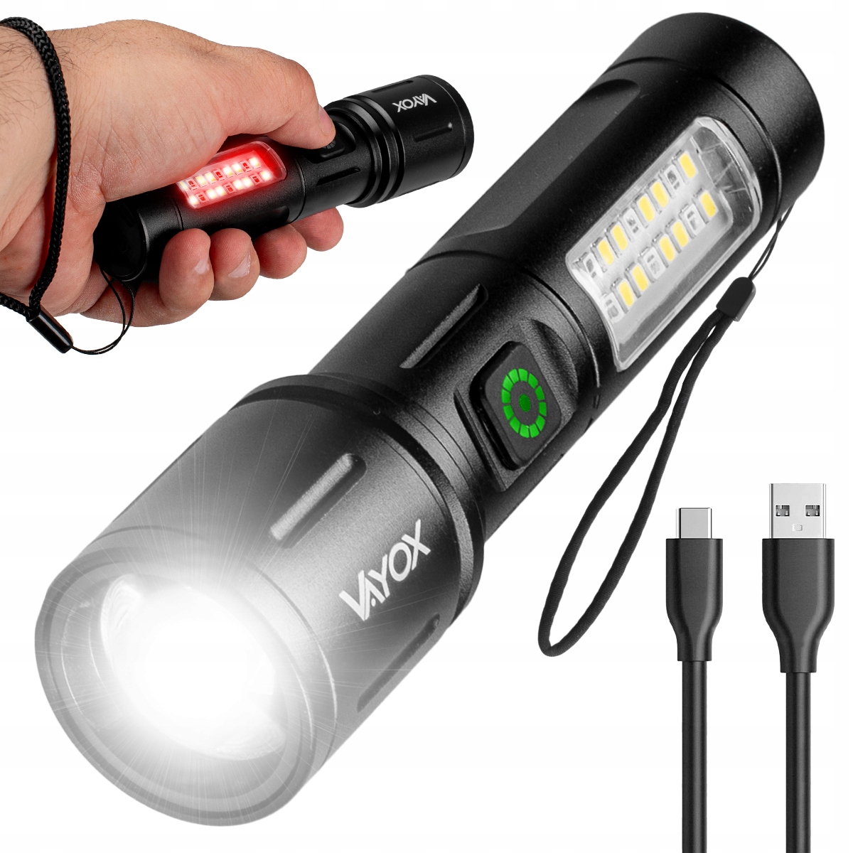 Latarka Led Taktycza Akumulatorowa Światło Boczne 2 Zoom Usb-c Vayox