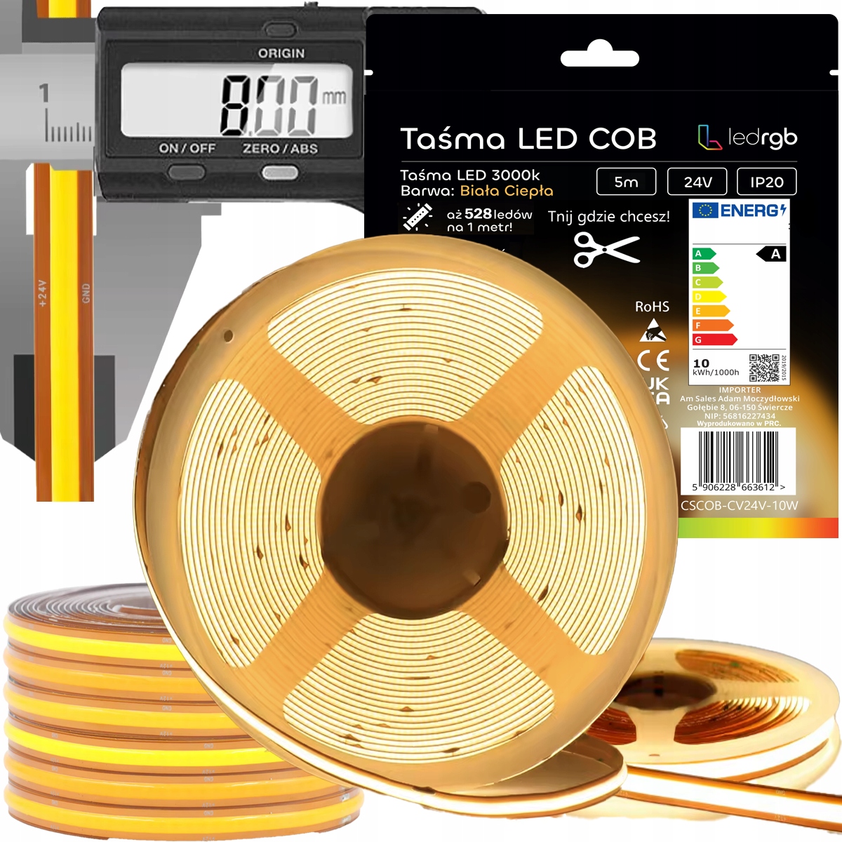 Led pásek Neon Cob 24V 5 m 528 3000K Bílý Teplý Zdarma Cut Libovolné Řezání