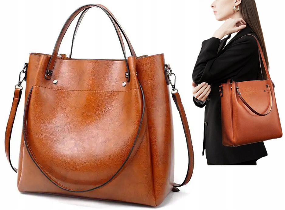 TOREBKA DAMSKA NA RAMIĘ SKÓRZANA TORBA BRĄZ CZARNY DO RĘKI SHOPPER PASEK