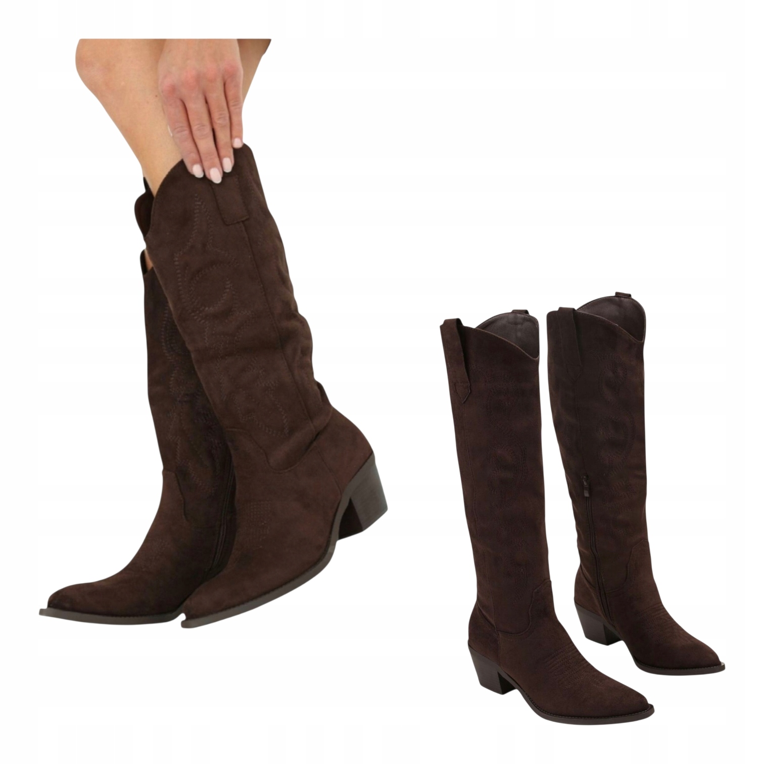 Dámské kozačky Semiš Vysoké Kovbojské Boty na podpatku Kožené Vyšívání Hnědé 36