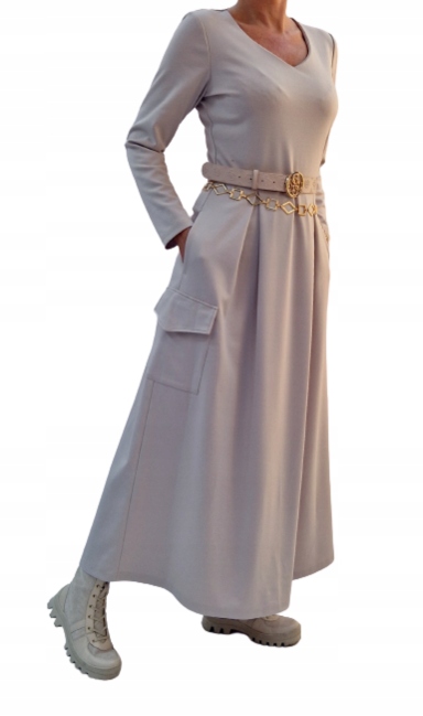 BEŻOWA CODZIENNA SUKIENKA MAXI CARGO Z KIESZENIAMI r 42 (36-56) Model Sukienka maxi beżowa cargo z kieszeniami