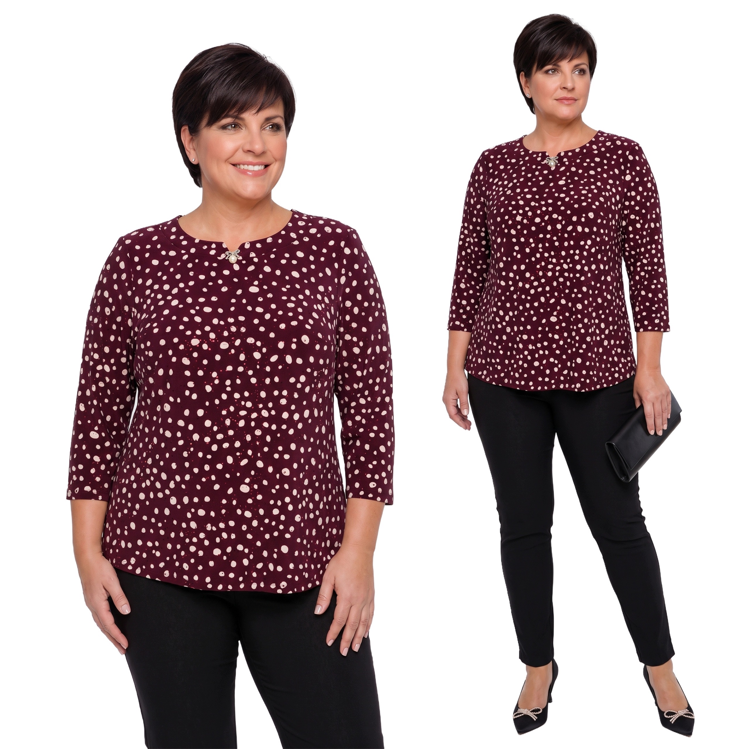 Bordó halenka s béžovými puntíky a broží plus size velikost 50