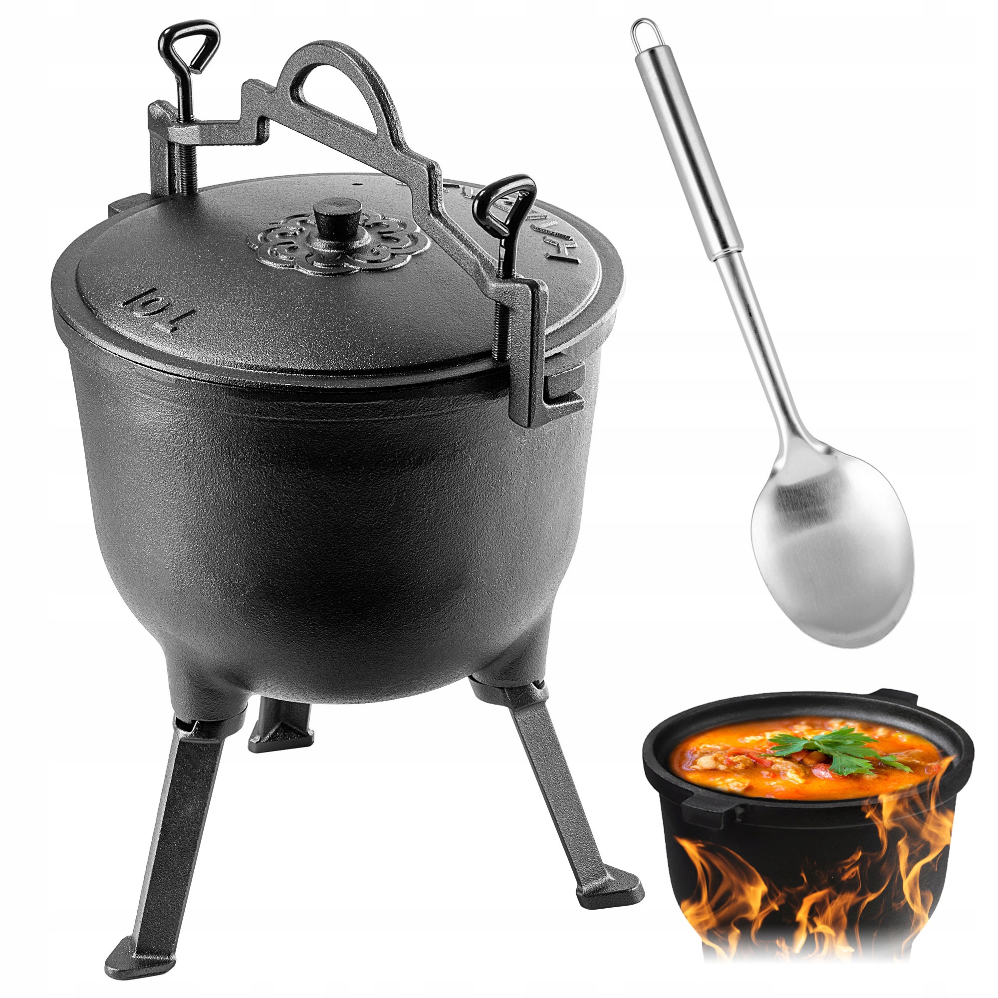 Myslivecký Kotlík Litinový 10L Hrnec Ohniště Gril Pečínky Lžíce Bonus