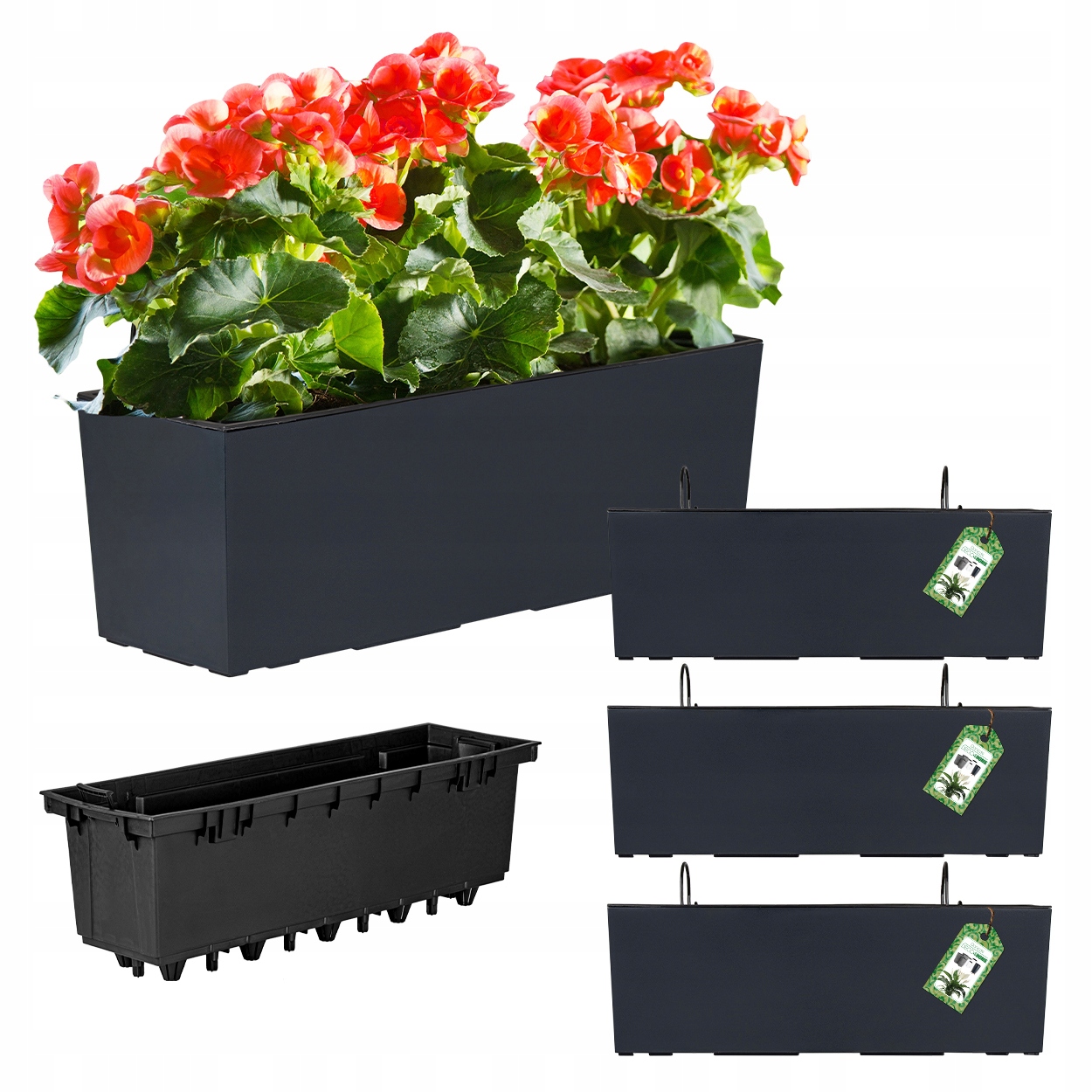 Zestaw 3X Doniczka Wisząca Skrzynka Balkonowa Donica Antracyt Kwietnik Haki