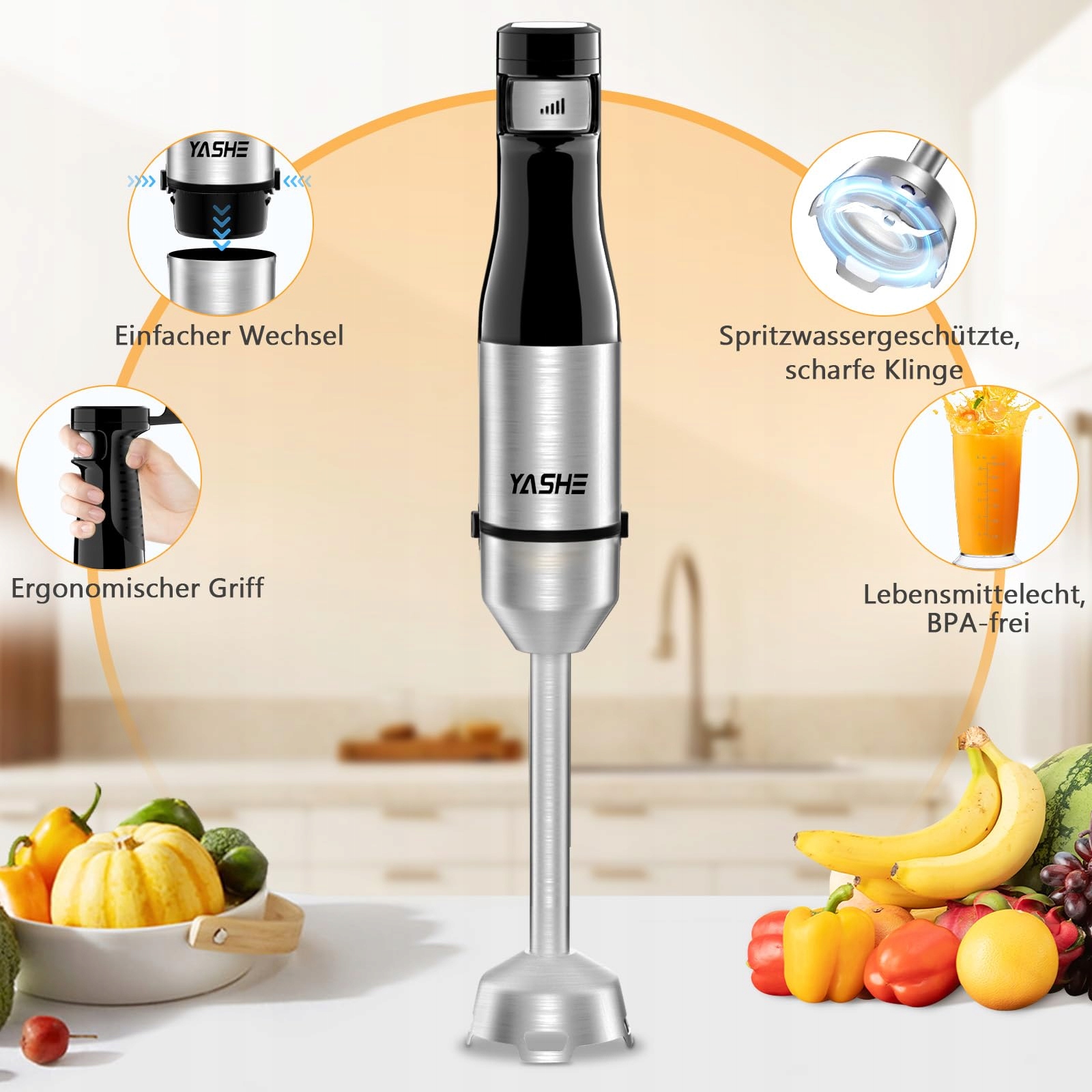 YASHE Blender Ręczny 5w1 1000W Z Regulacją Prędkości Do Zup Sosów — miniatura 4