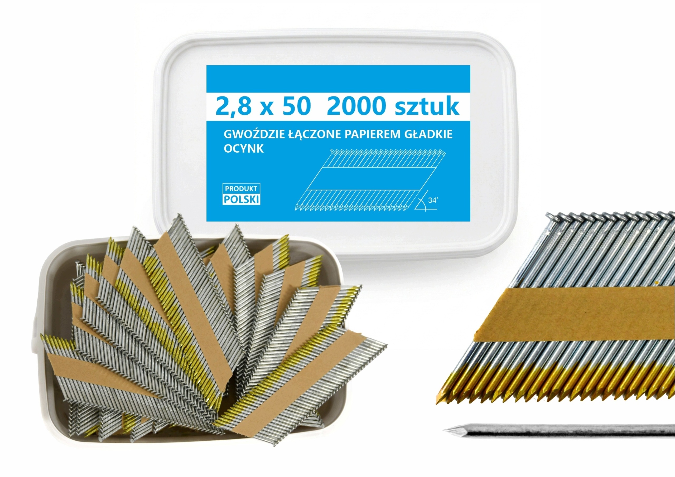 Hřebíky do hřebíkovačky spojené papírem 2,8x50mm 34° Pozink Hladké 2000ks