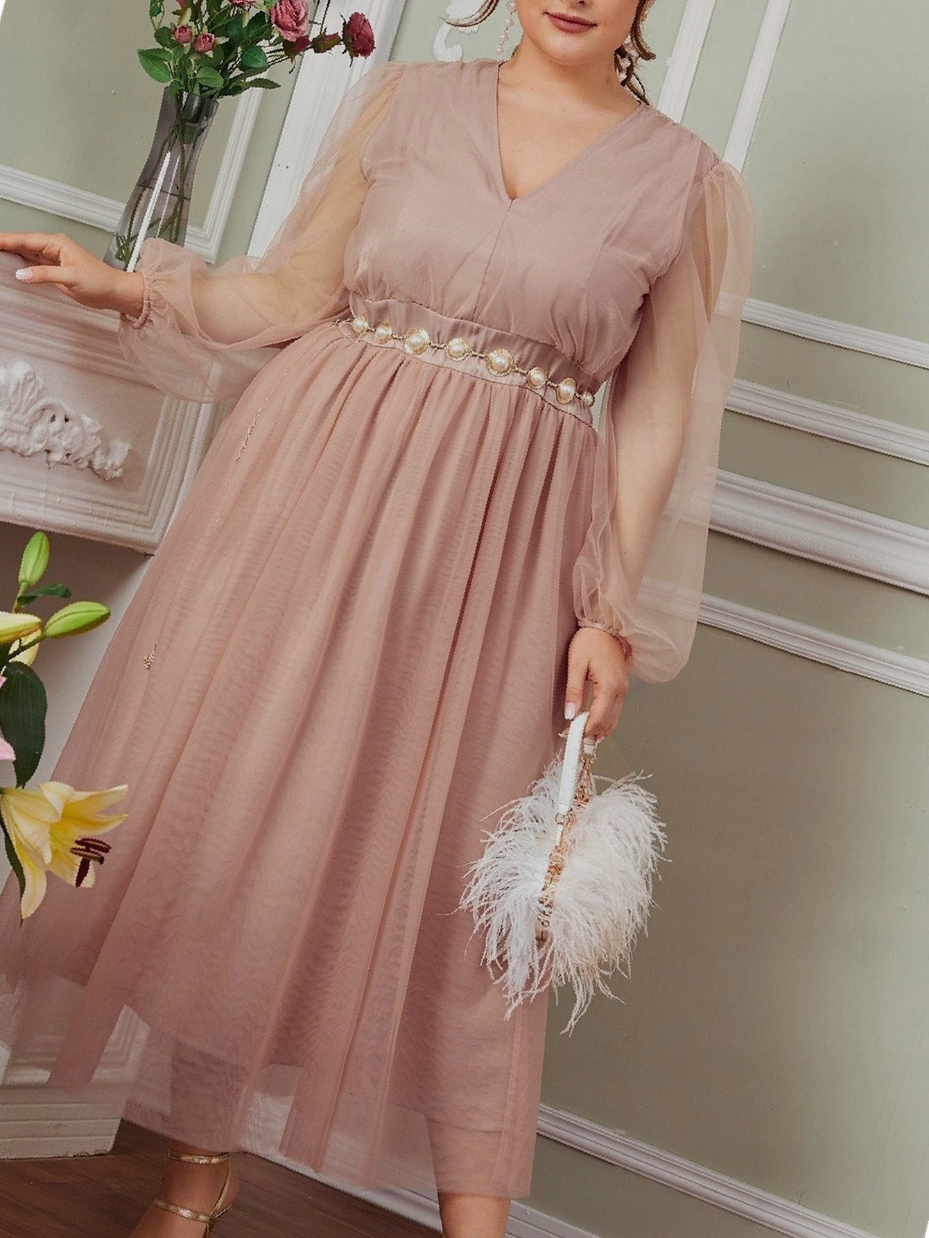 Šaty Dlouhá Tylová Dusty Lesklá Pink XL 42