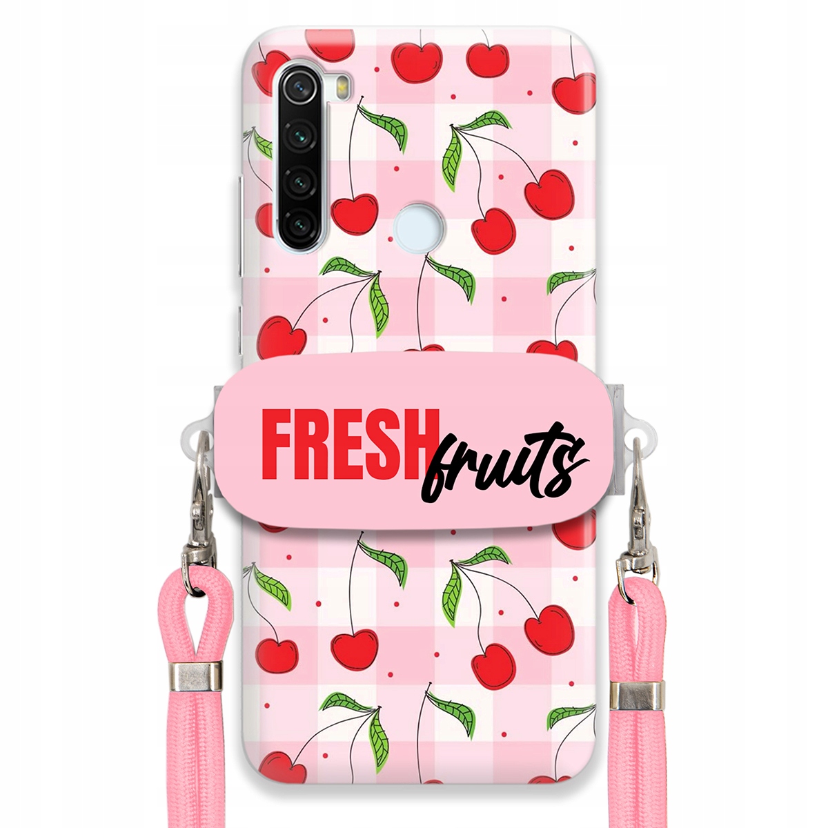 Puzdro pre Xiaomi Redmi Note 8T Case Držiak šnúrok Ružový Fresh Fruits Mriežka