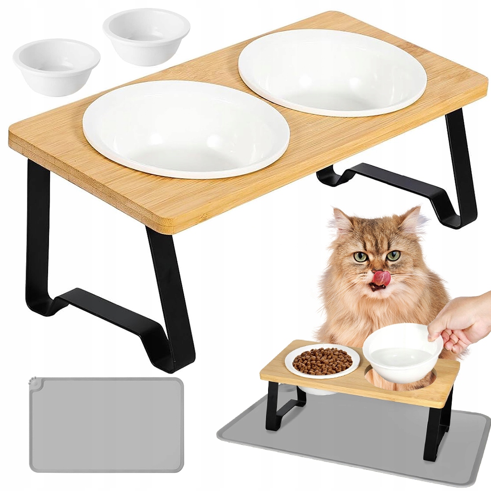 Levně Miska Pro Kočky Psa Dvojitá Dřevěná Keramická Misky 2x350ml 34x16x12cm