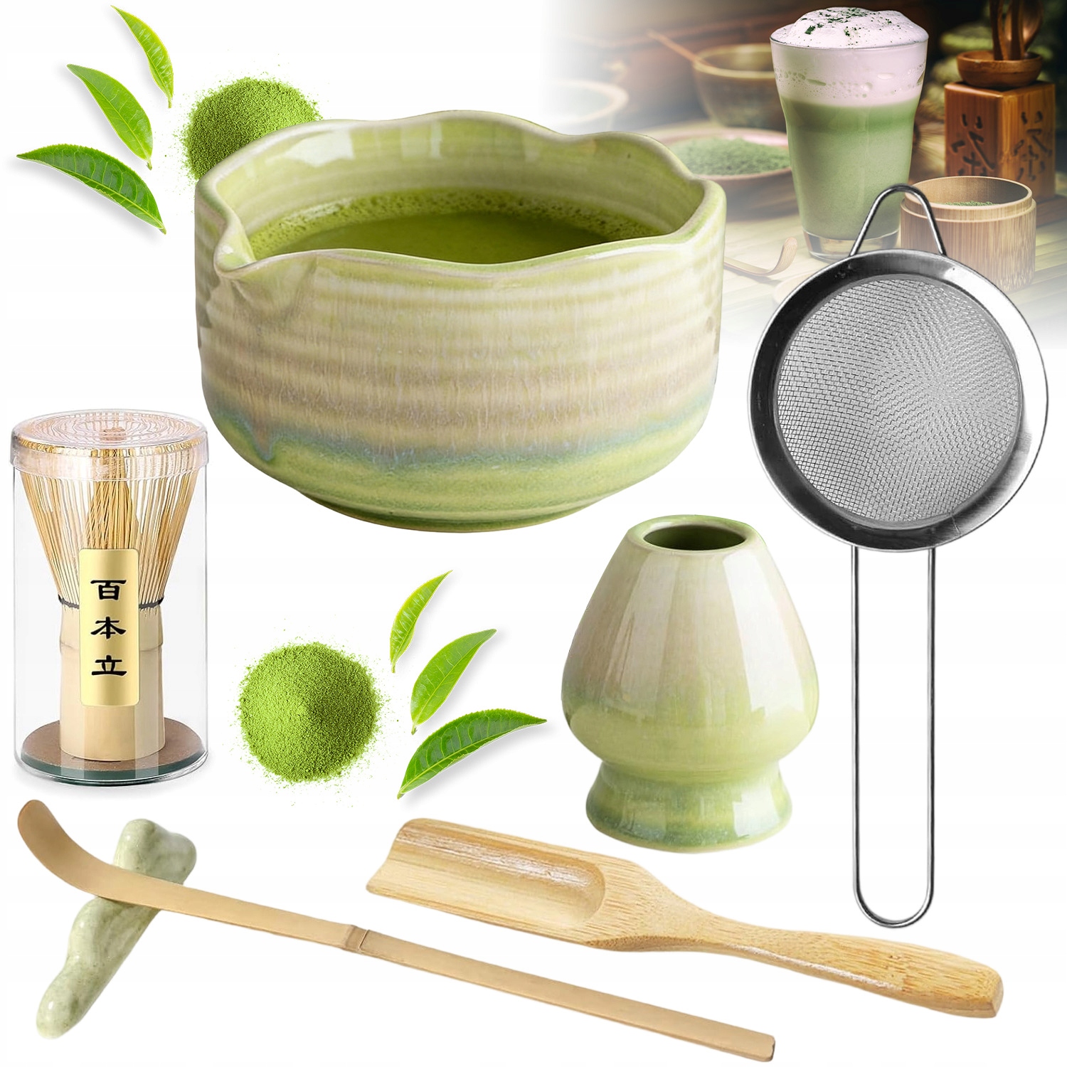Zestaw Prezentowy Do Herbaty Matcha Czarka Miotełka Zielony 7SZT