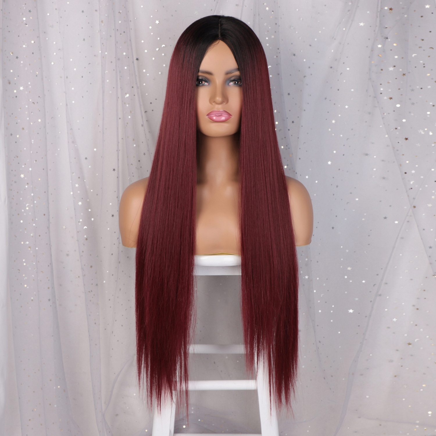 Višňová extra dlouhá paruka Maia se síťkou (lace front)