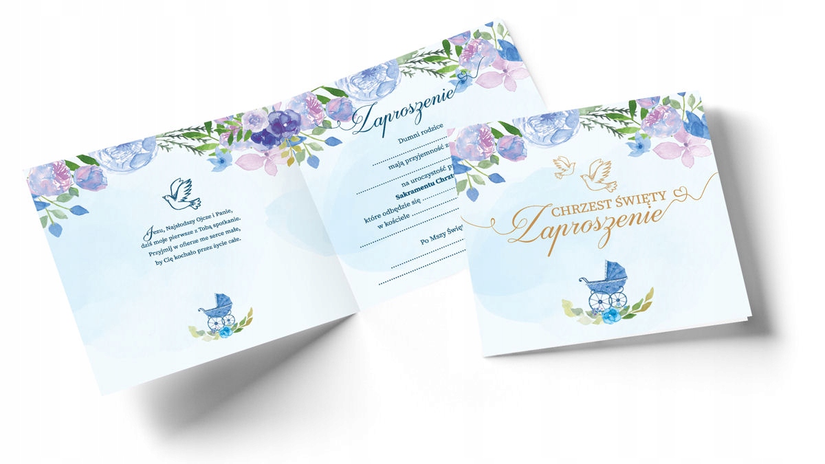Zaproszenie Chrzest Święty Wózek Niebieski Koperta Kolor dominujący niebieski